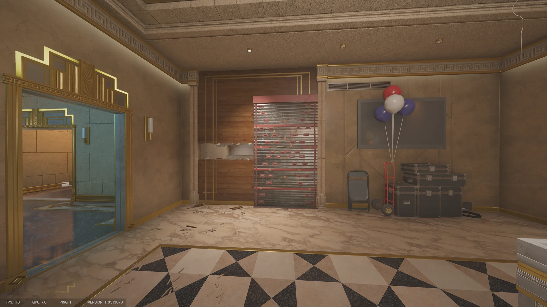 Room on Calypso Casino 1F with a reinforced wall, balloons tied to a red hand truck, road cases and a wall-mounted TV