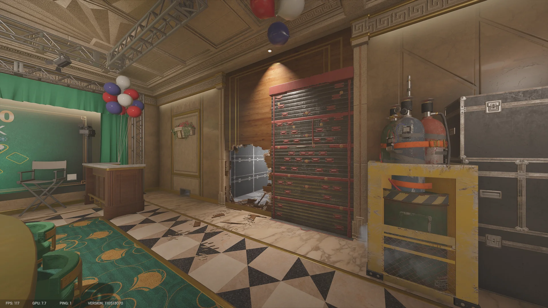 Room on Calypso Casino 1F with balloons, a green game wall and director's chair, a reinforced wall, and gas cylinders on a cart