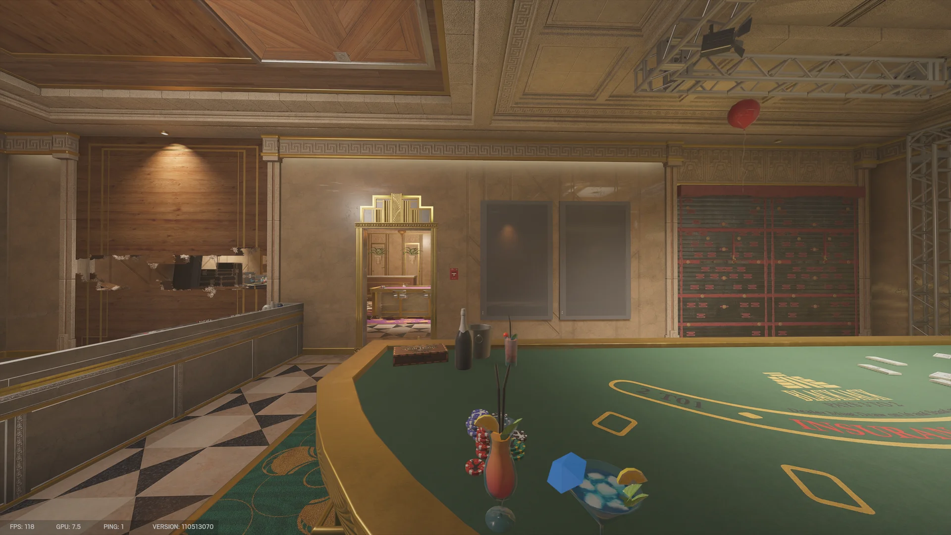 Casino room on Calypso Casino 1F with a blackjack table, chips and cocktails, a red balloon and a reinforced wall at right
