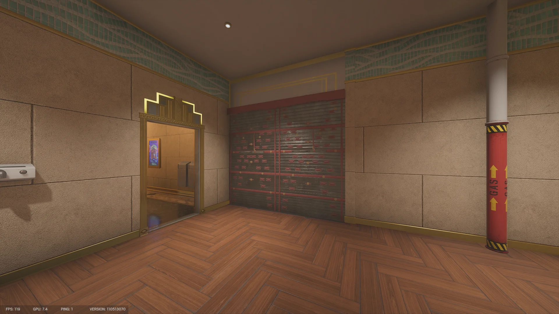 Room on Calypso Casino 1F with a reinforced wall, a gold-trimmed doorway, a red gas pipe and teal mosaic trim