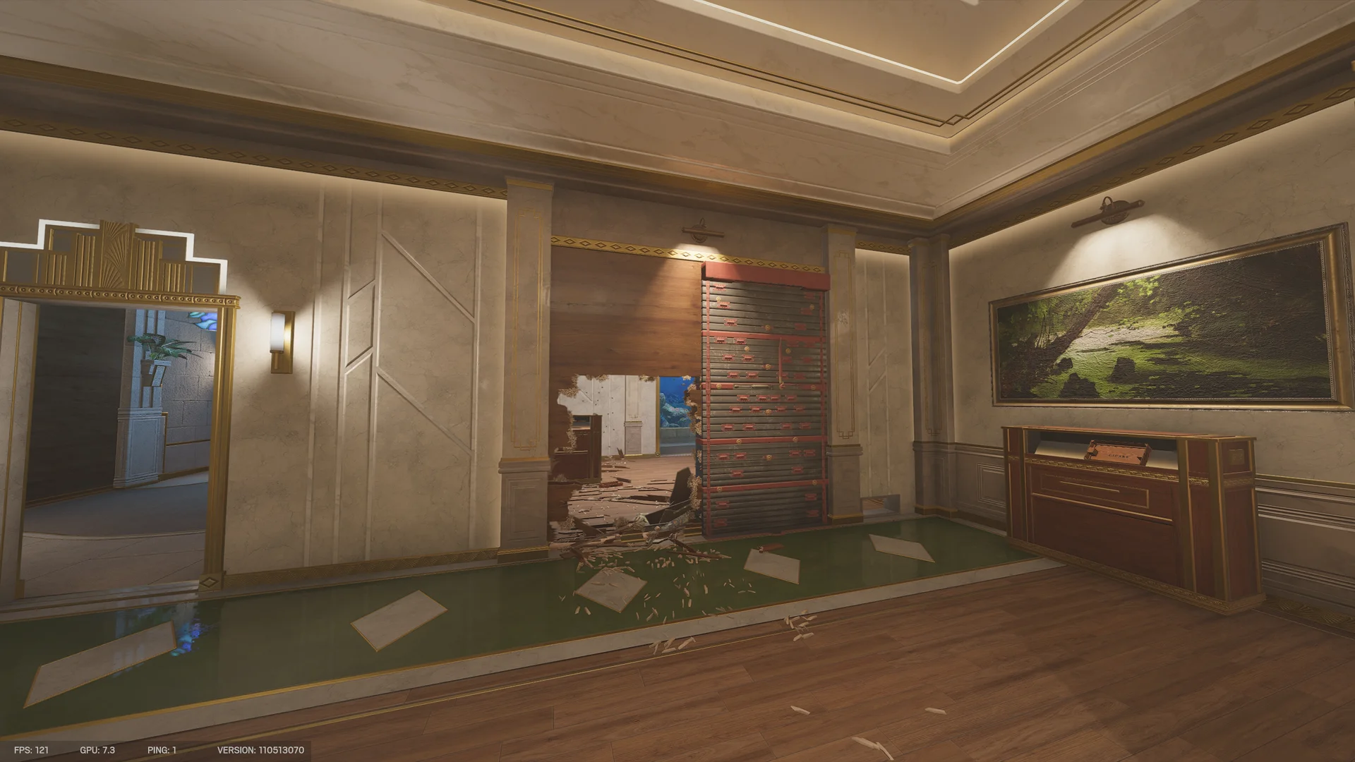 Room on Calypso Casino 2F with a reinforced wall, a breach revealing an aquarium beyond, and a framed landscape painting