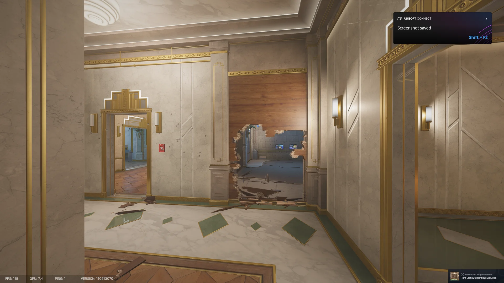 Marble room on Calypso Casino 2F with gold trim and a large breach through a wood-paneled wall showing a stone room beyond