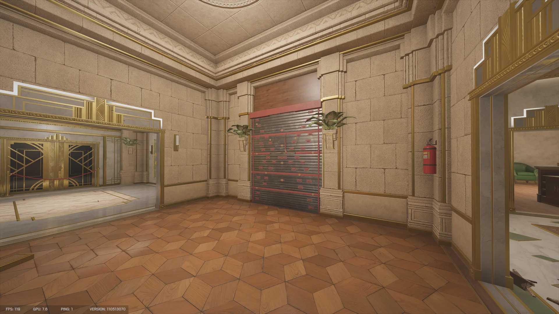 Stone-walled room on Calypso Casino 2F with a reinforced wall flanked by planters, a fire extinguisher and gold-trimmed doors