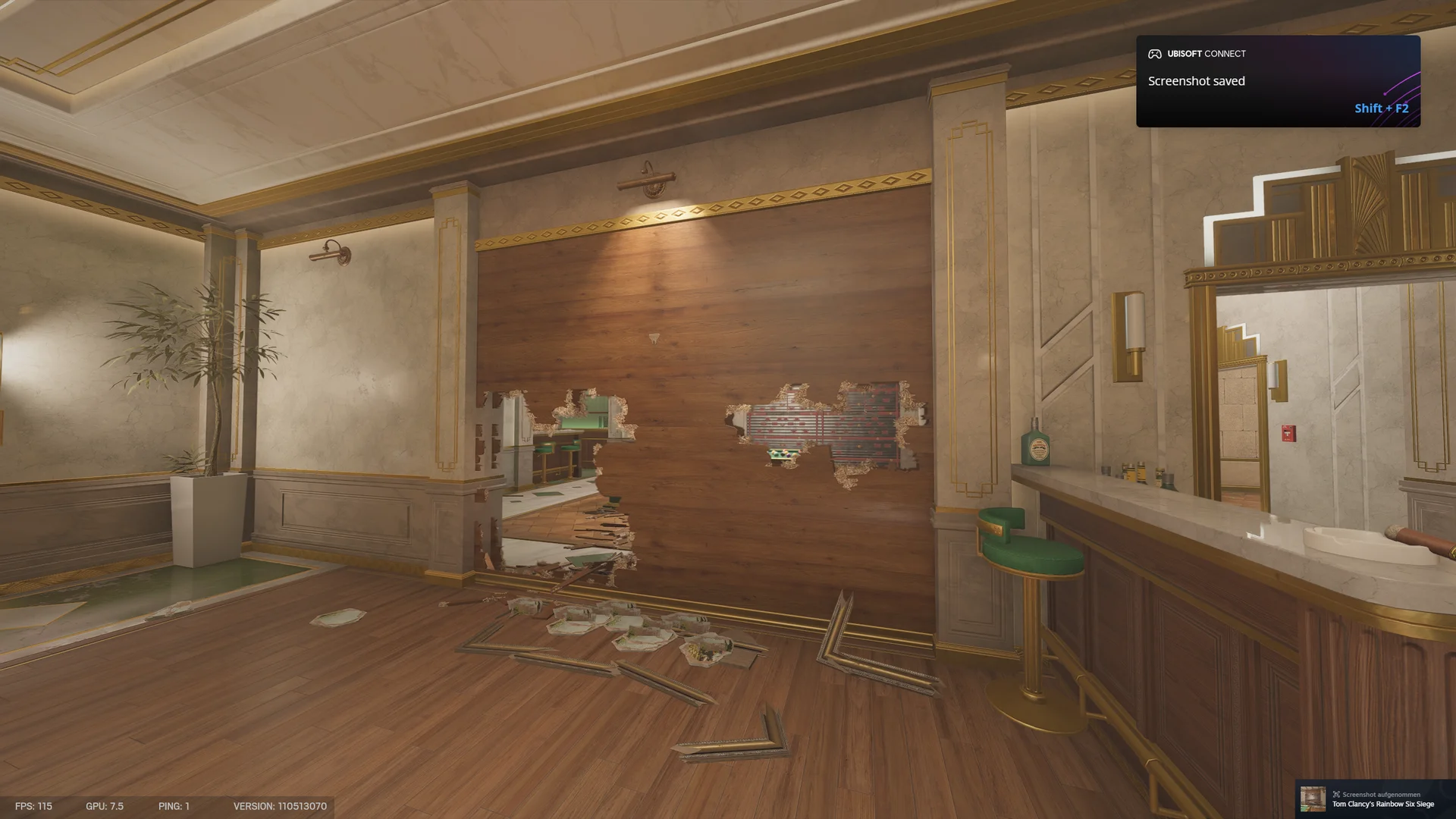 Room on Calypso Casino 2F with a breached wooden wall showing a bar beyond, a green stool and counter at right, frames below
