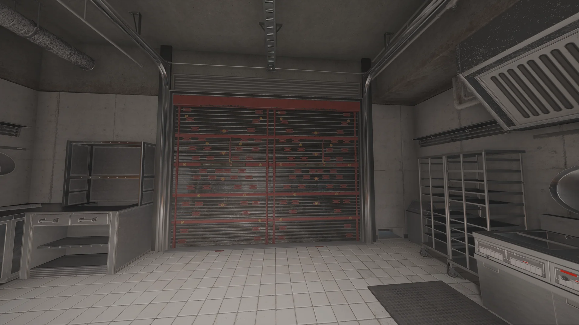 Service kitchen on Calypso Casino 2F with a wide red-and-black reinforced wall, steel racks and an extractor hood