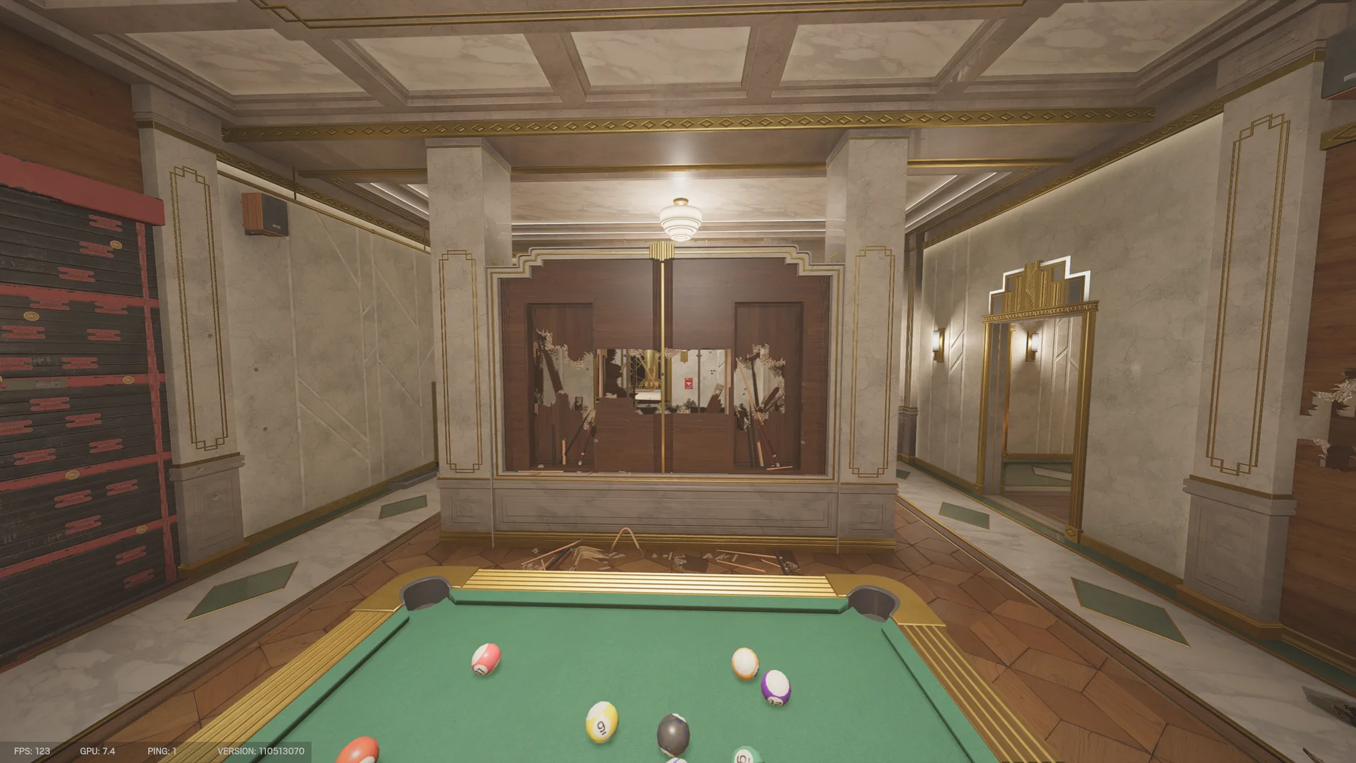 Billiards room on Calypso Casino 2F with a pool table, a broken glass cabinet of cues, and a reinforced wall at far left