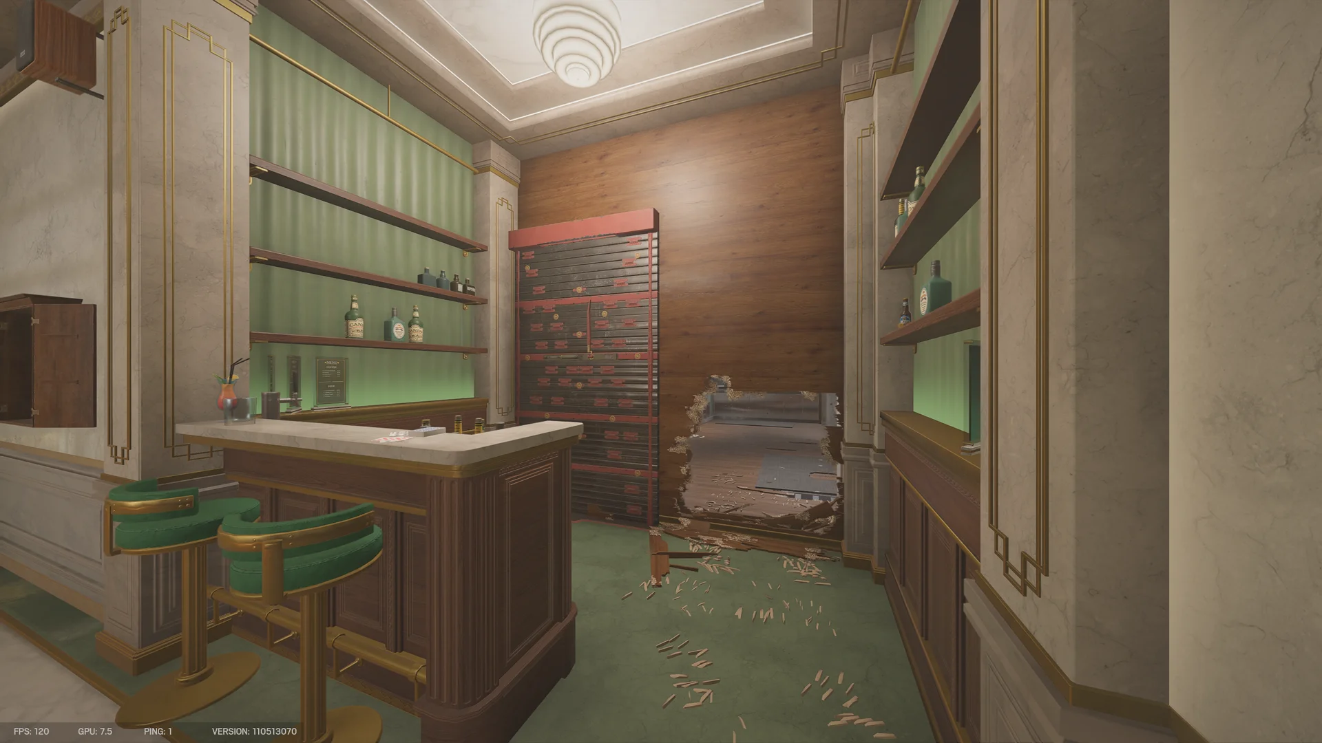 Green-walled bar on Calypso Casino 2F with bottle shelves, a marble counter, a reinforced wall and a large breach beside it