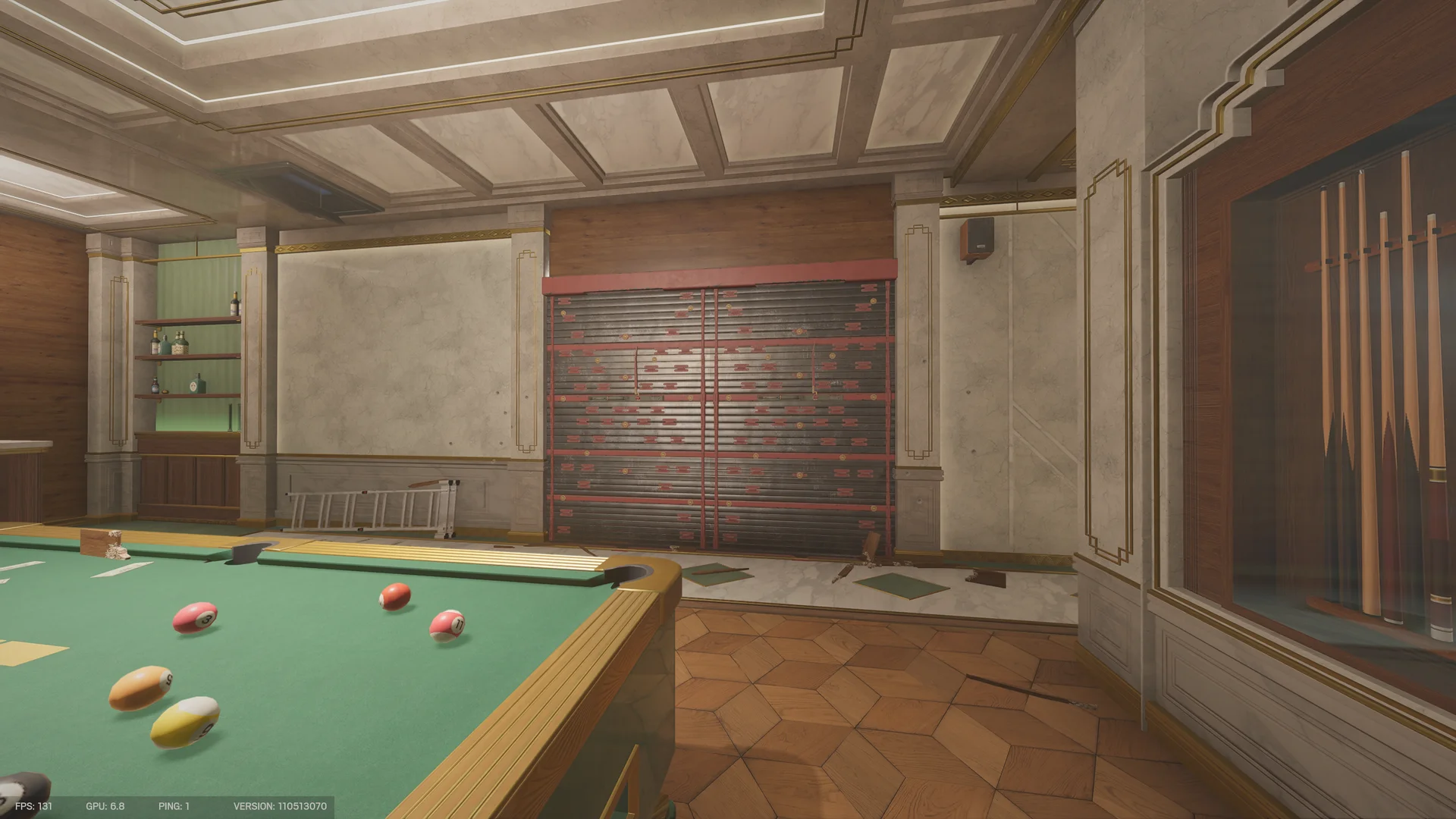 Billiards room on Calypso Casino 2F with a pool table, a folding ladder, a wide reinforced wall and a rack of cues at right