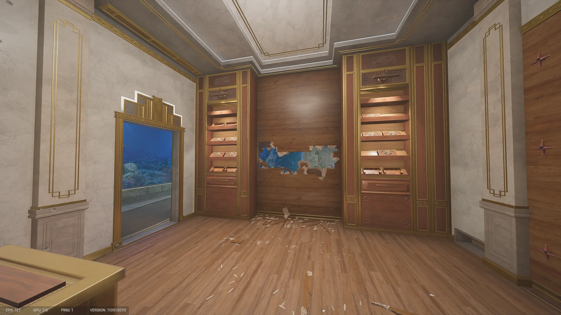 Shop room on Calypso Casino 2F with cigar display cabinets flanking a breached wood wall and an aquarium view through the door