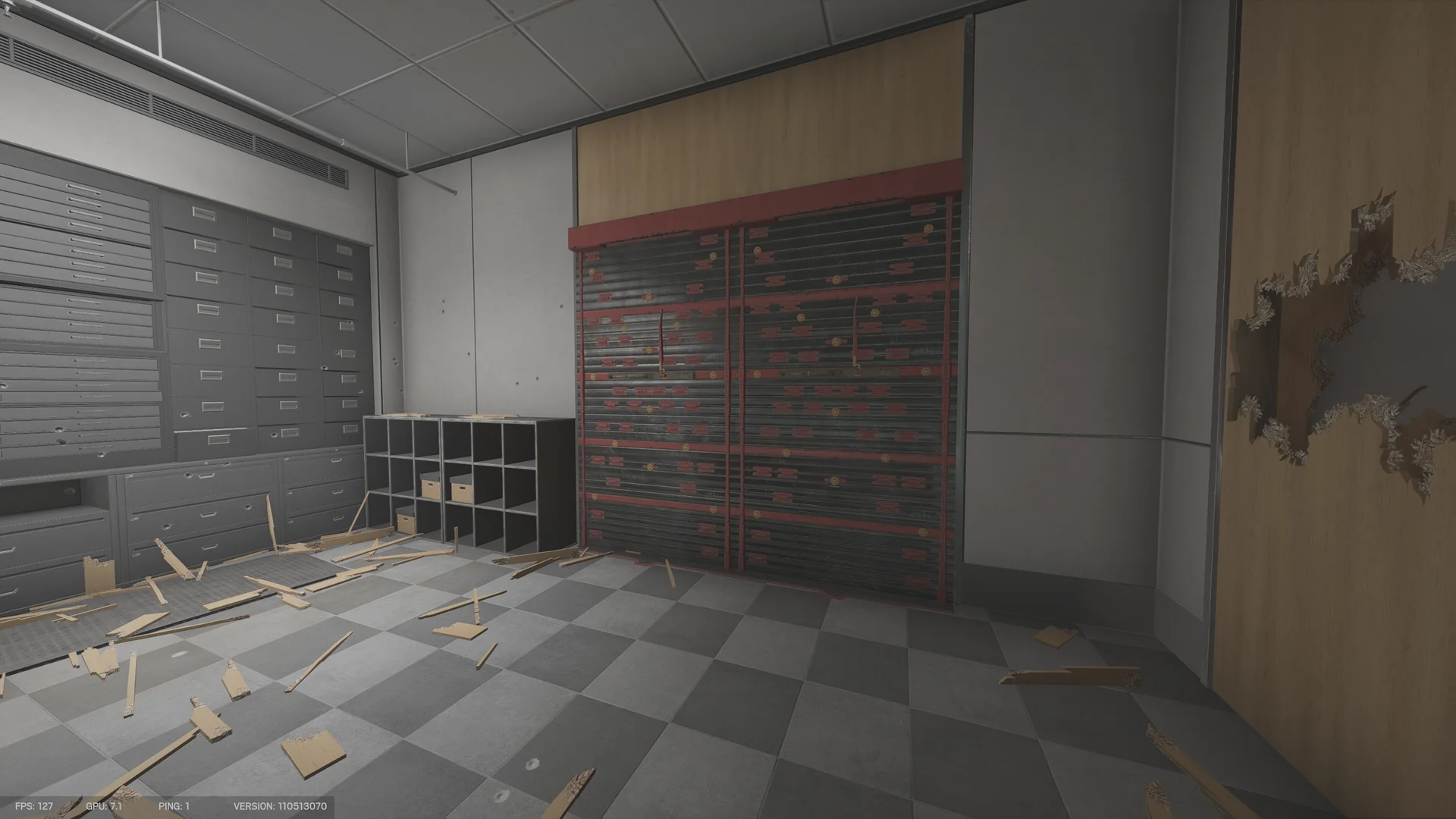 Room in the Calypso Casino basement with banks of metal drawers, box shelving, a reinforced wall and a breached wood panel