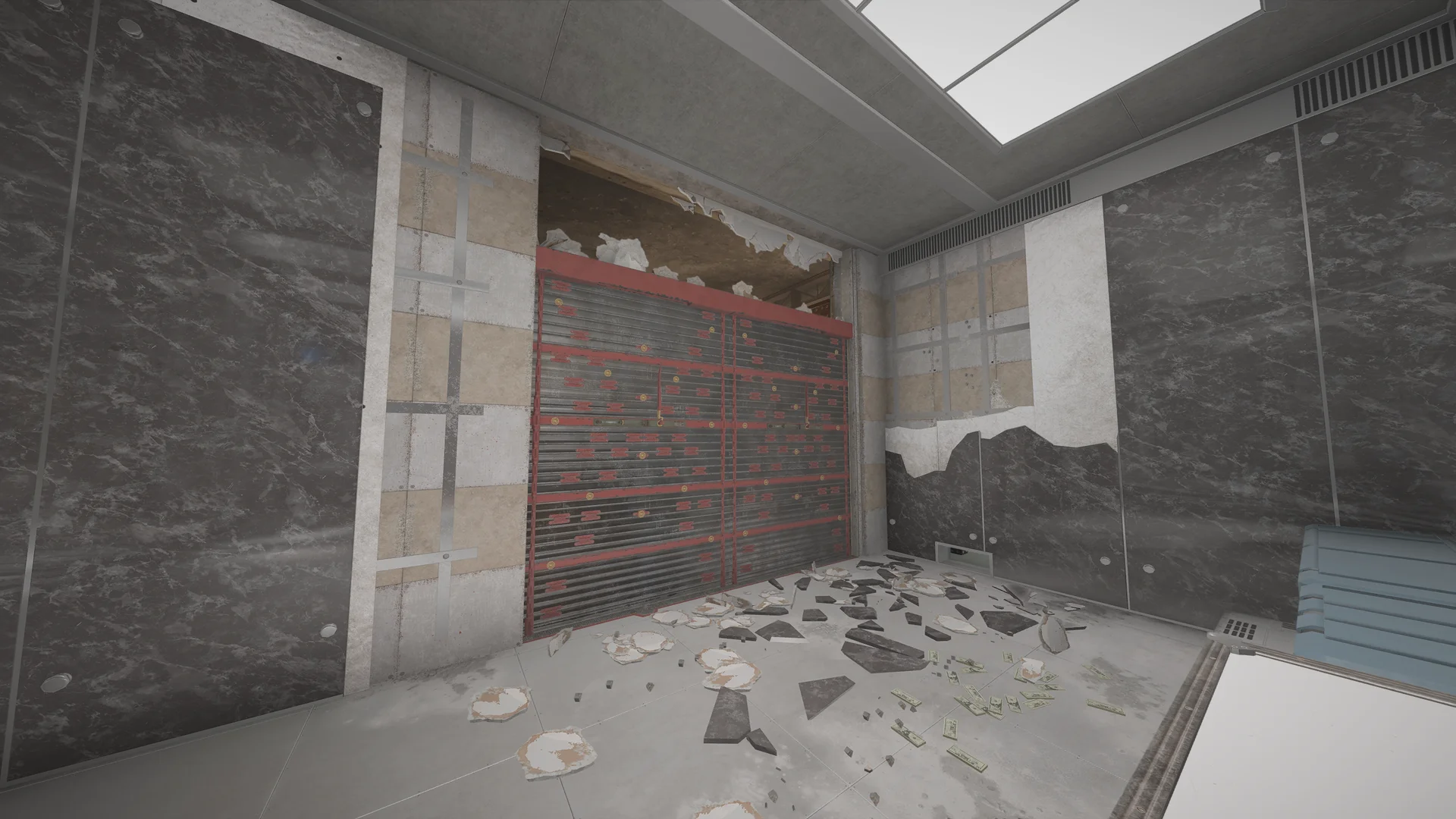 Grey-paneled room in the Calypso Casino basement with a reinforced wall, torn ceiling above it, and banknotes among debris