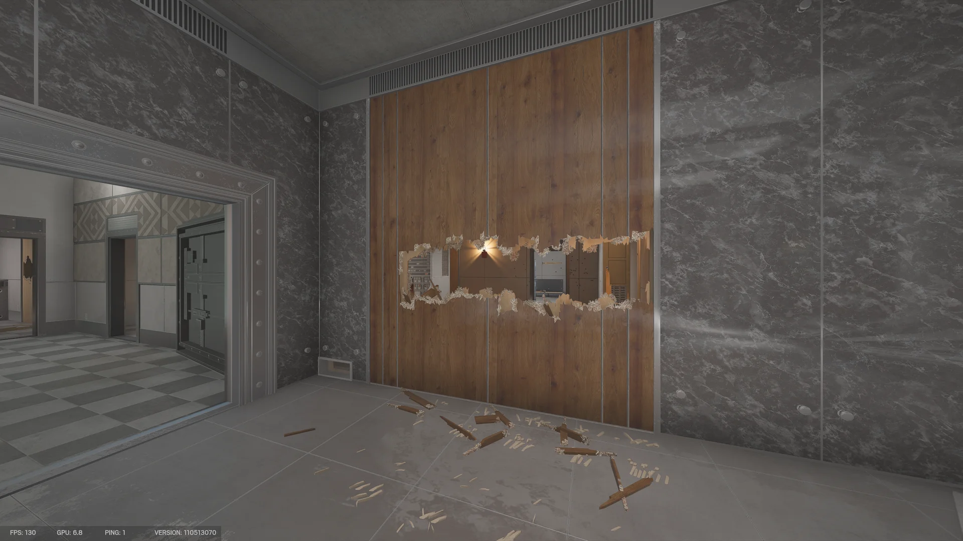 Grey-paneled room in the Calypso Casino basement with a long breach through a wooden wall revealing lockers and a wall lamp