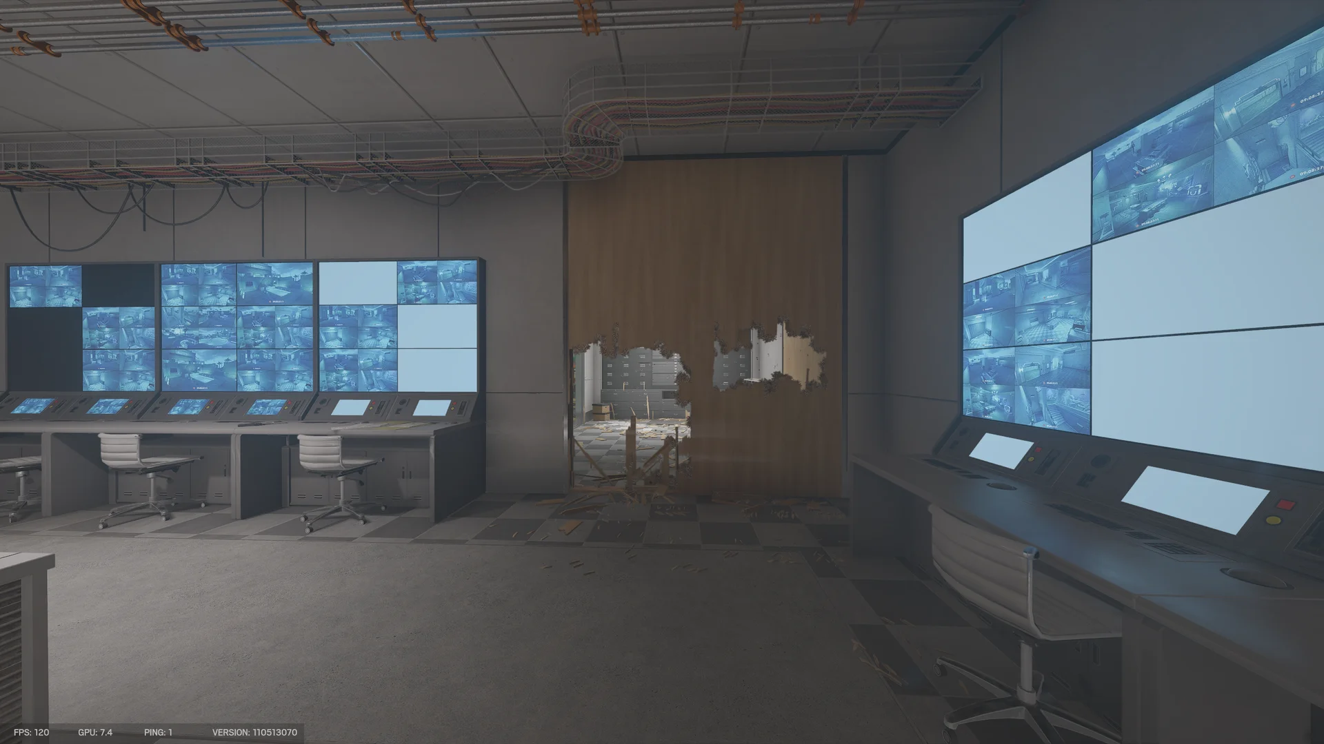 Security room in the Calypso Casino basement with walls of CCTV monitors, consoles and a breached wooden partition