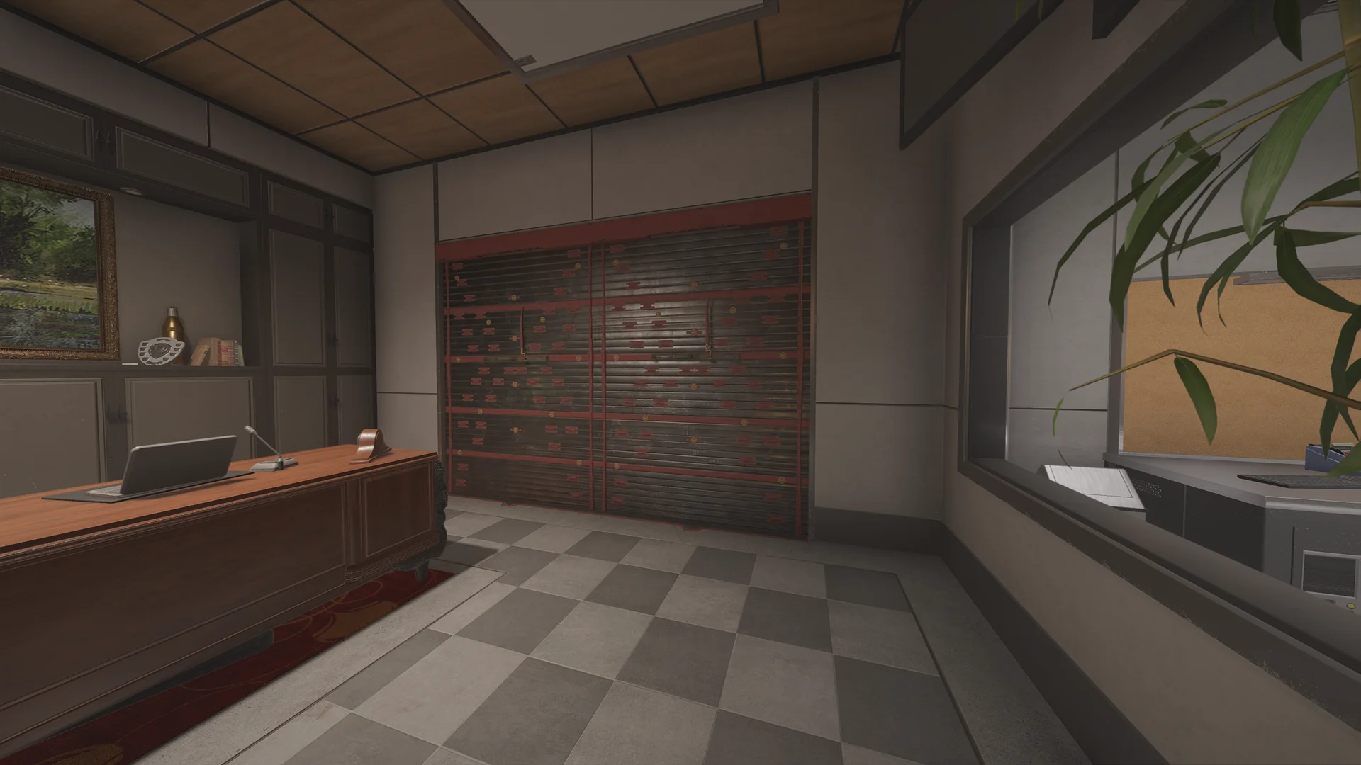 Office in the Calypso Casino basement with a wide reinforced wall, a desk with a tablet and microphone, and a framed painting