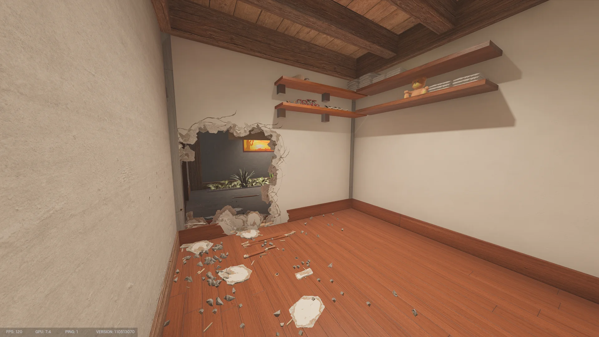 Room on Chalet 1F with a jagged wall breach revealing planters beyond, wooden shelves with linens and a teddy bear above