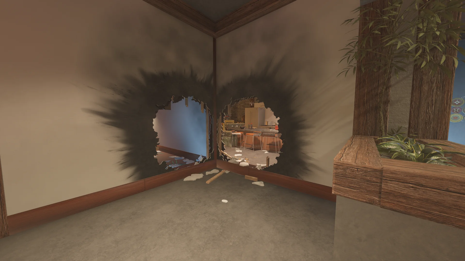 Corner on Chalet 1F with two scorched blast holes, one revealing a kitchen with bar stools, and a bamboo planter at right