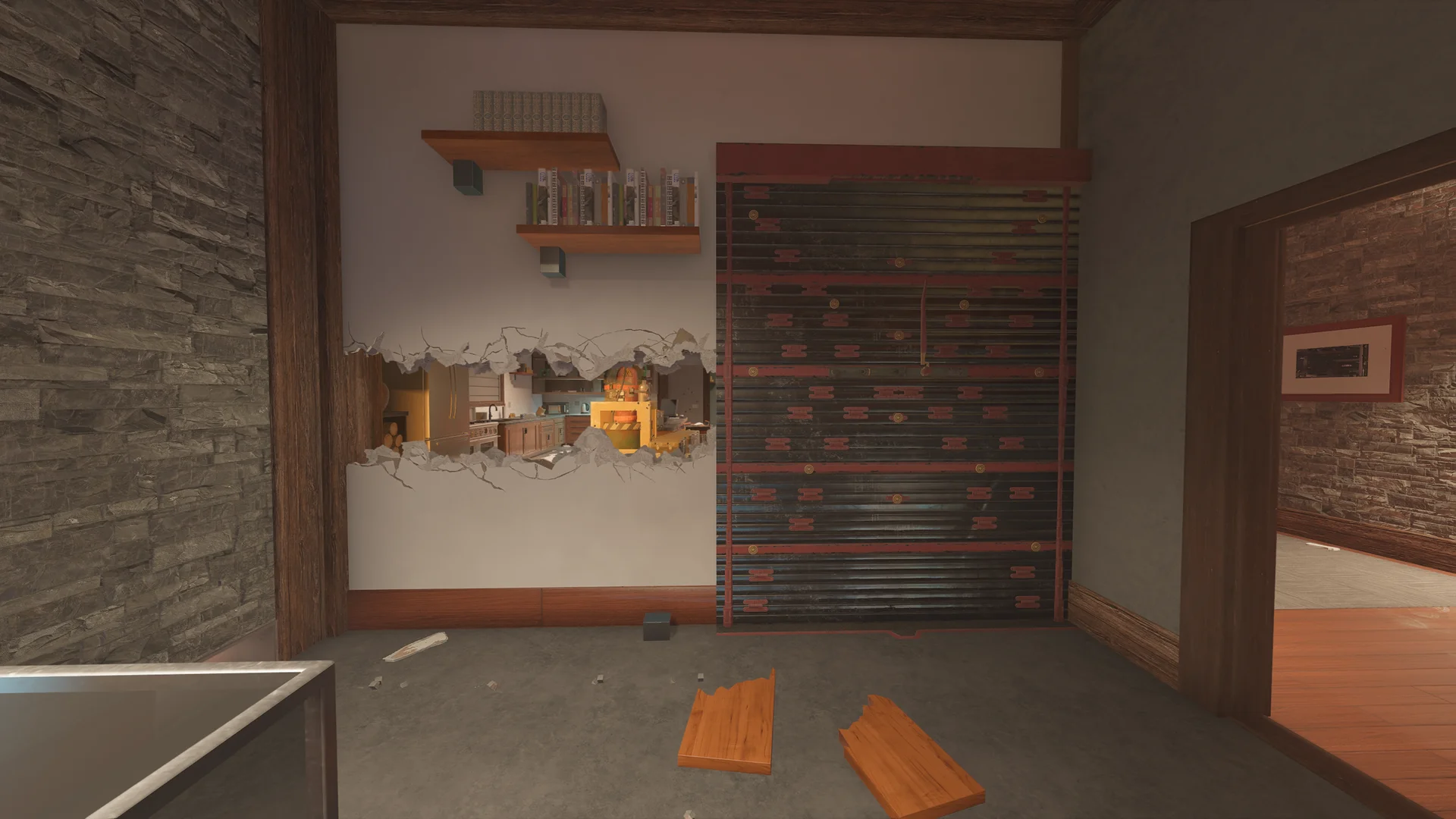 Room on Chalet 1F with a long breach revealing a kitchen, a wide reinforced wall at right and bookshelves above