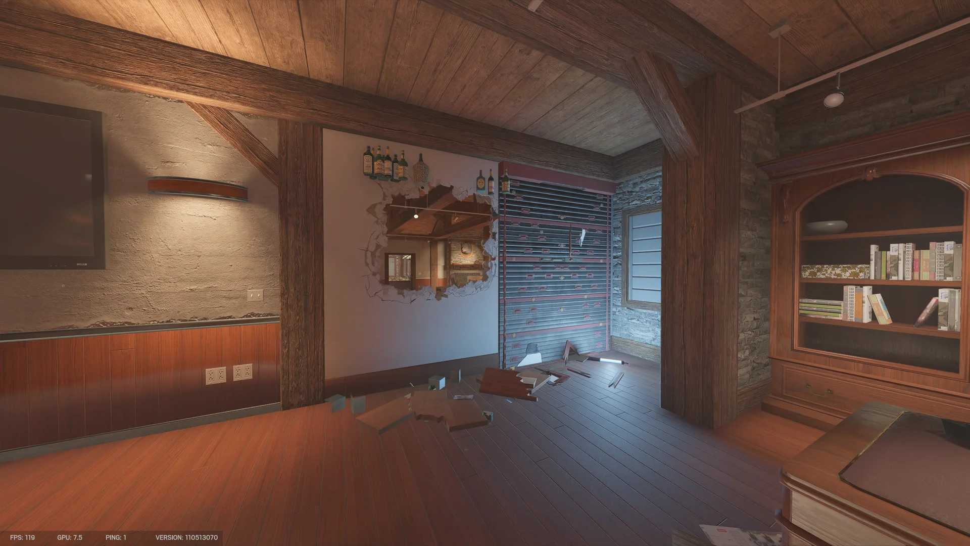 Room on Chalet 1F with a breach beneath bottle shelves, a reinforced wall by a snowy window, a TV and a bookcase