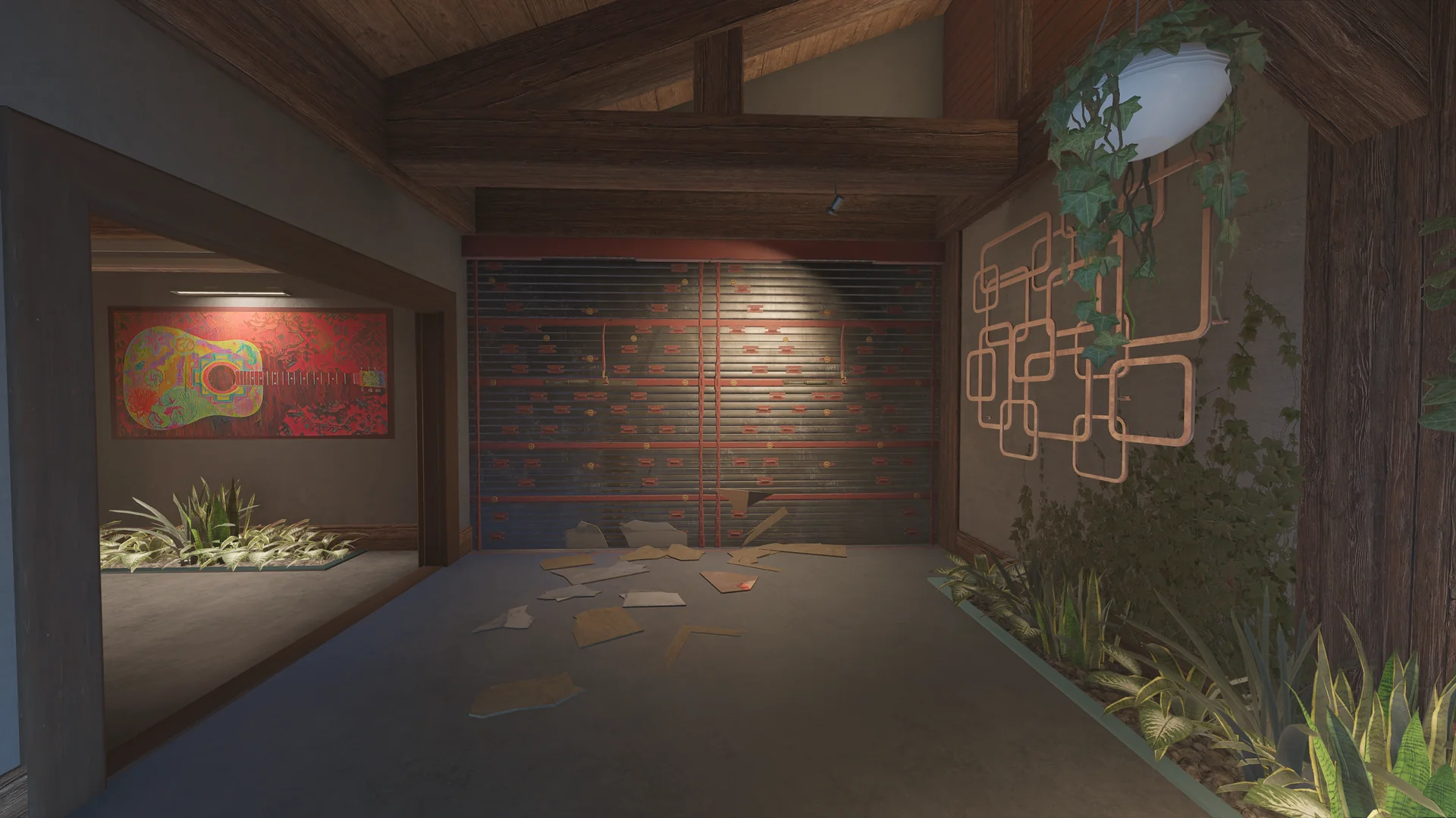 Room on Chalet 1F with a spotlit reinforced wall, a colorful guitar artwork at left, indoor planters and copper wall art