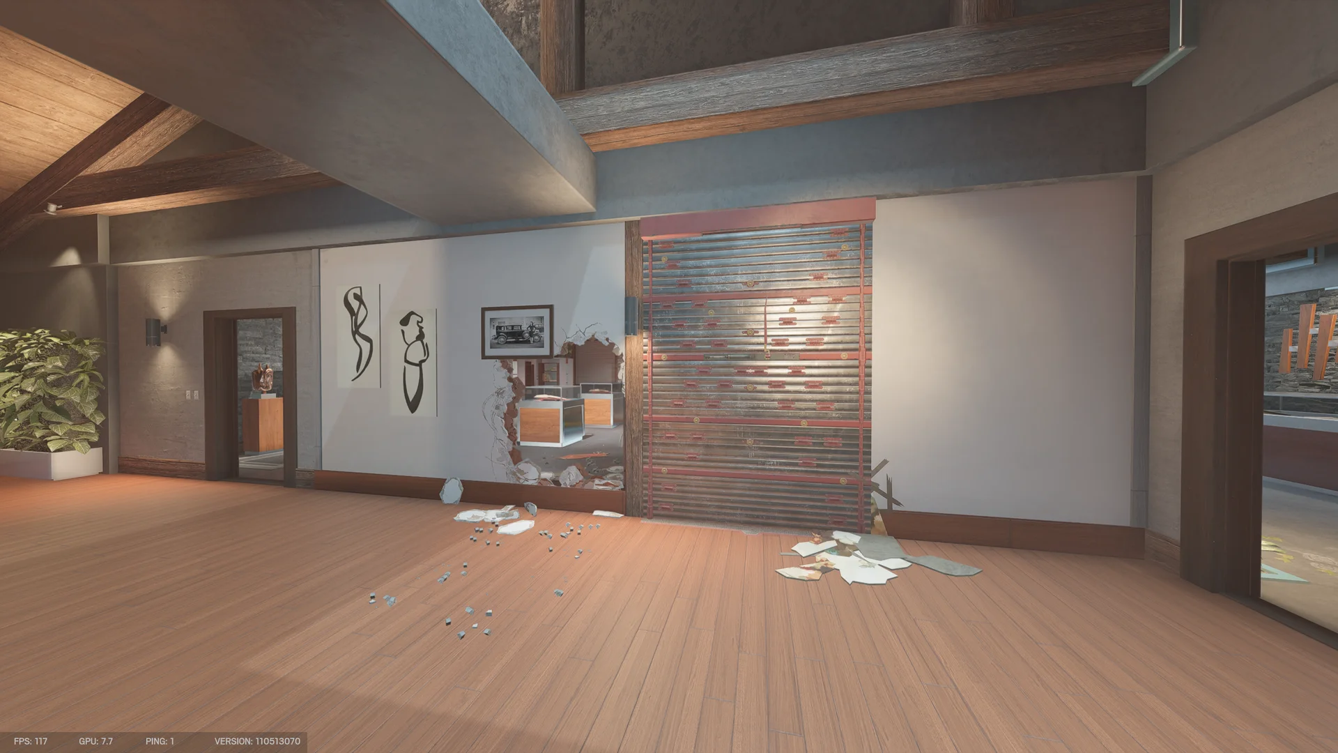 Room on Chalet 1F with a reinforced wall, a half-collapsed plaster wall, and a green X-marked panel in the room beyond