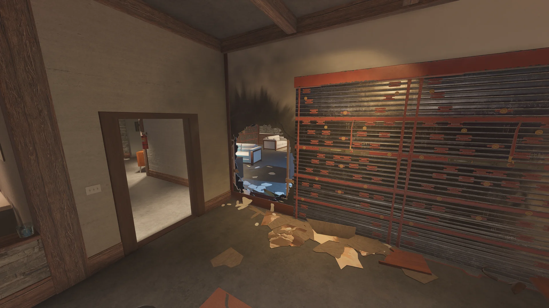 Dim room on Chalet 1F with a wide reinforced wall and a scorched breach revealing a lounge with a white sofa beyond