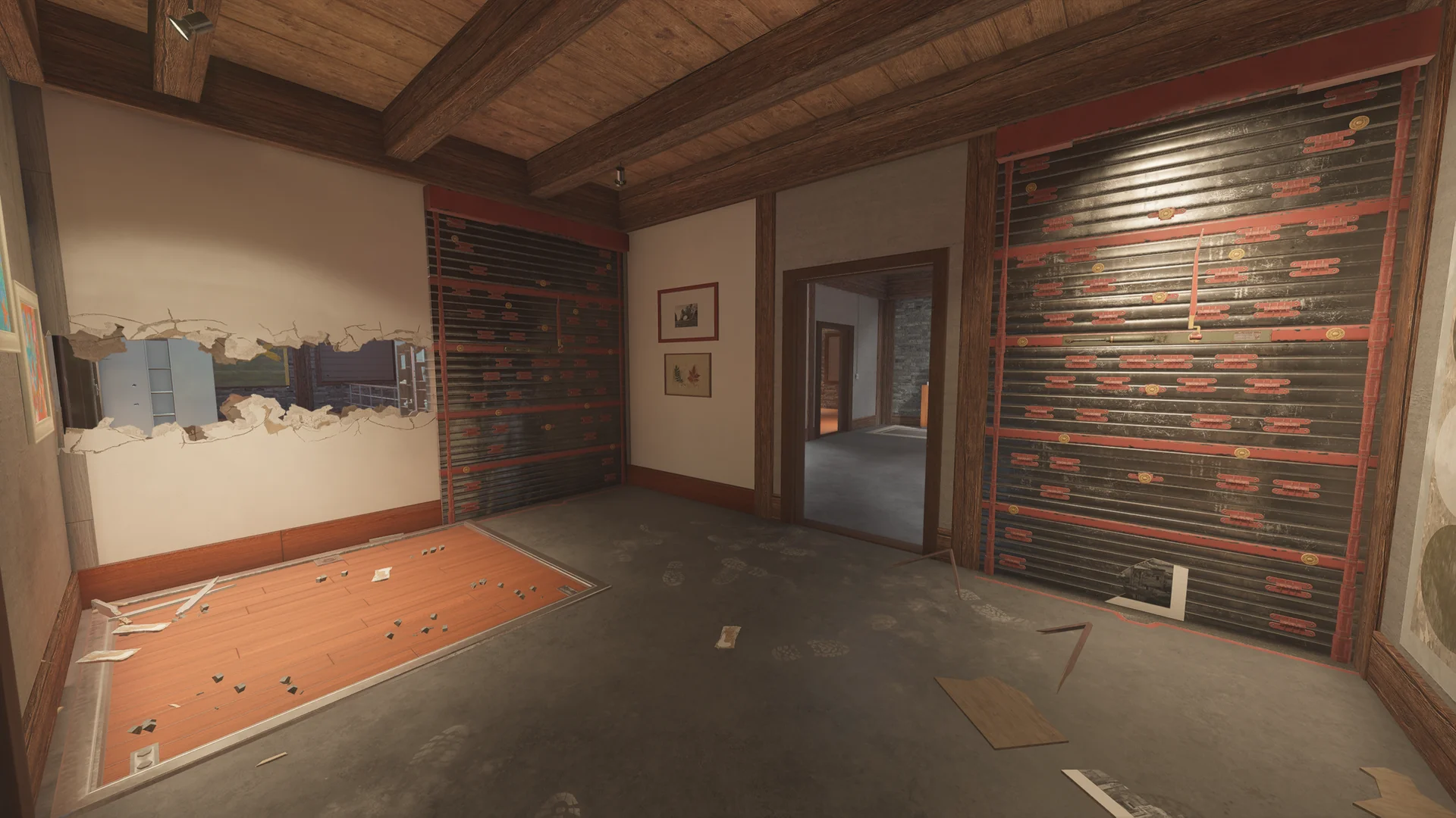 Room on Chalet 1F with two reinforced walls, a wide breach in the plaster wall, and a sunken wood panel in the floor