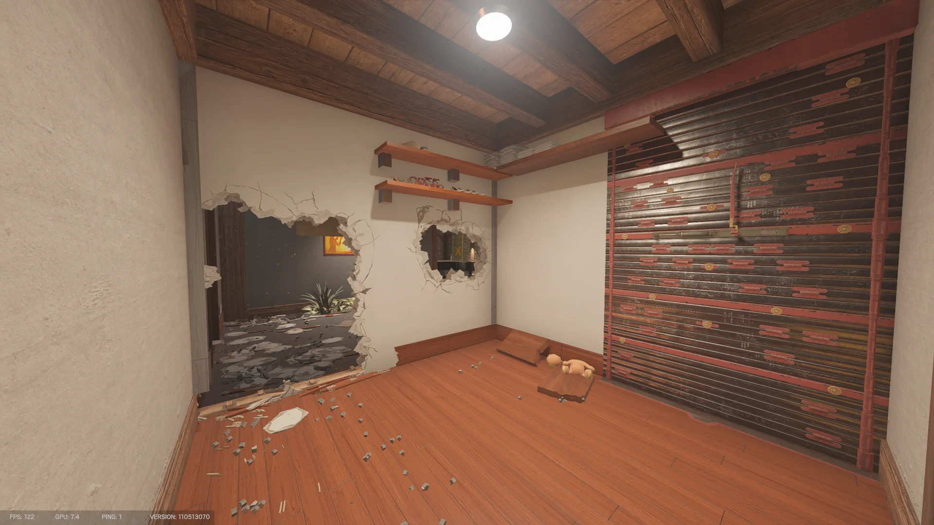 Room on Chalet 2F with a wide reinforced wall, two wall breaches, wooden shelves and a teddy bear on the wooden floor