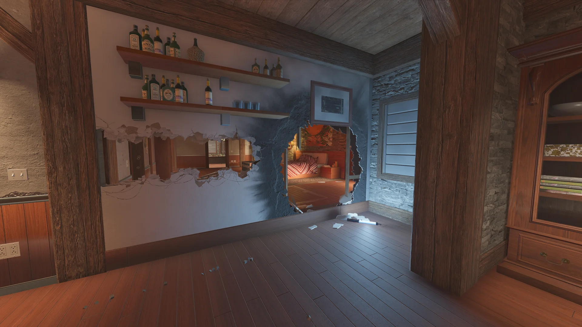 Room on Chalet 2F with bottle shelves above a breached wall revealing a bedroom with striped bedding, a snowy window right