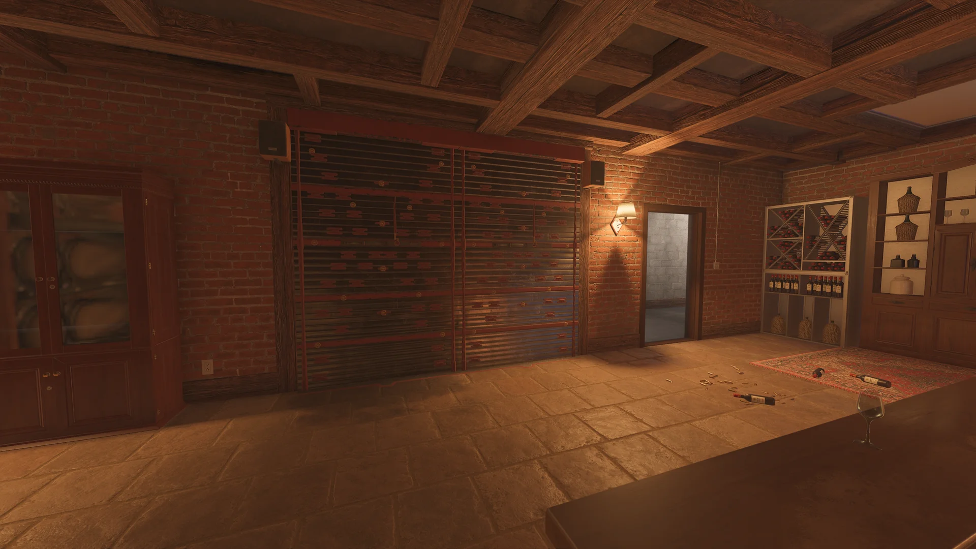 Brick cellar in the Chalet basement with a wide reinforced wall, wine racks and bottles, and a wall sconce by a doorway