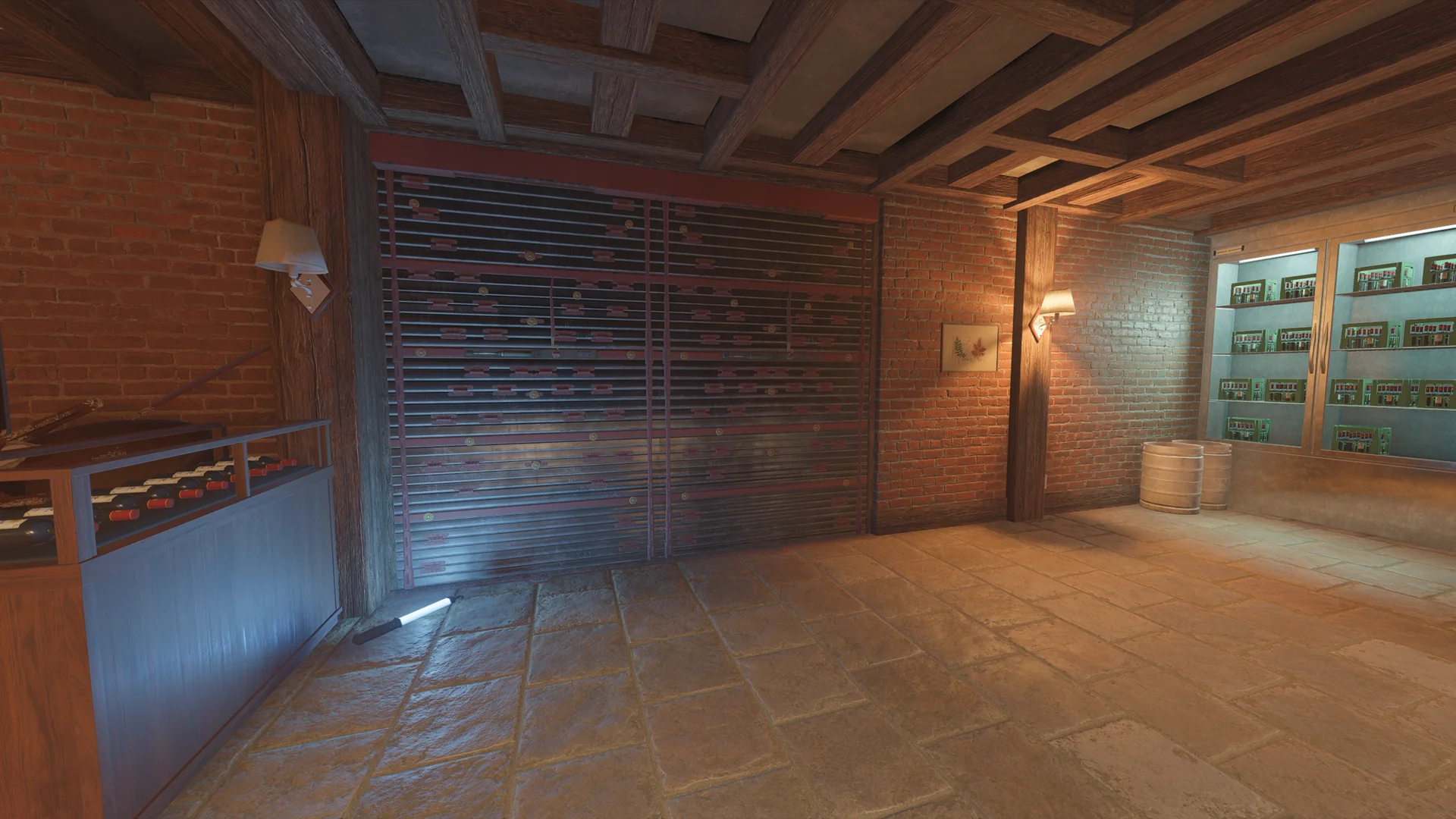 Brick cellar in the Chalet basement with a wide reinforced wall, wine display cases and barrels, and a glow stick below