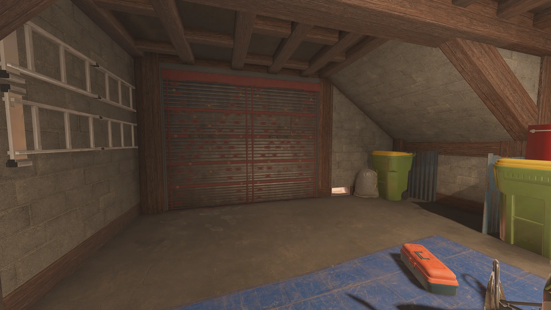 Sloped-ceiling room on Chalet with a wide reinforced wall, ladders on the wall, green bins and an orange toolbox on a tarp