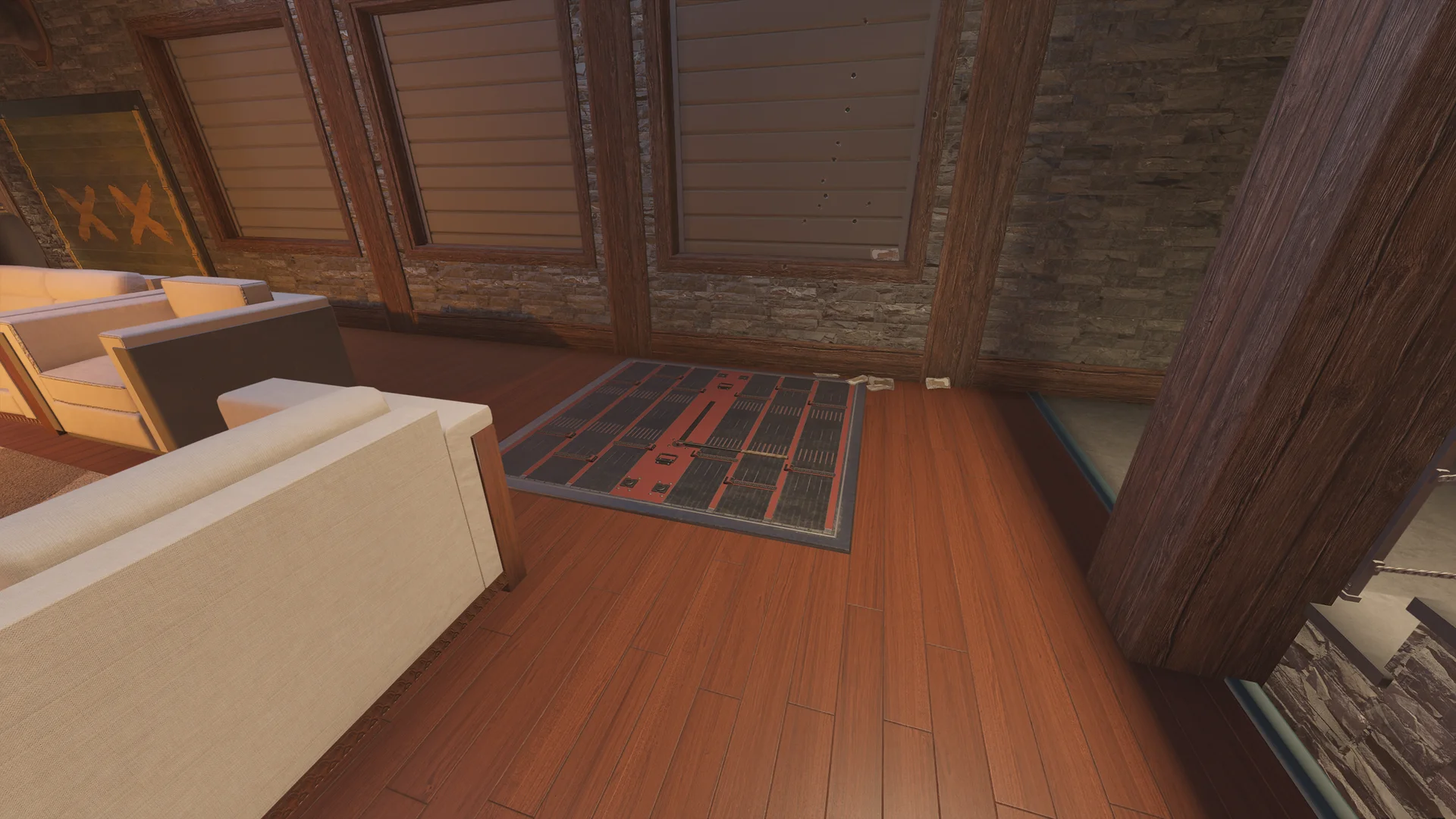 Lounge on Chalet with cream sofas, shuttered windows in a stone wall, and a reinforced hatch set into the wooden floor
