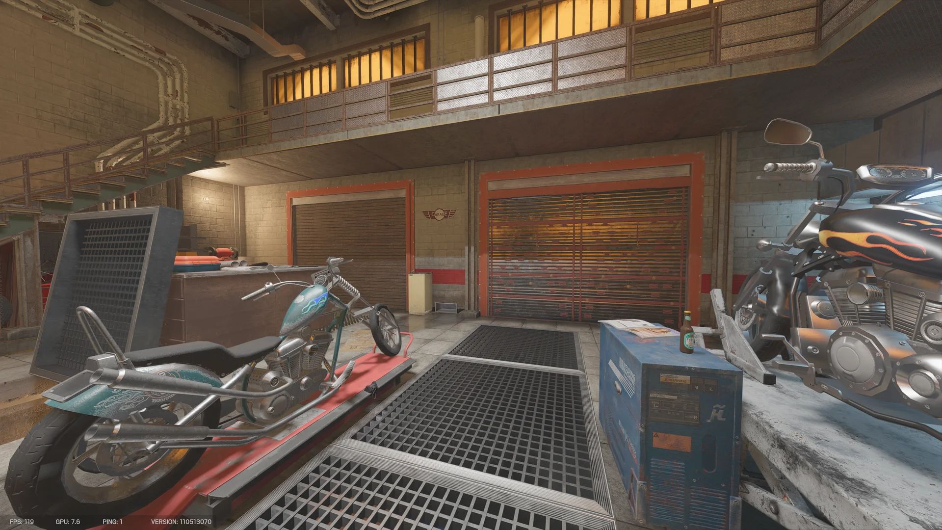 Garage on Club House 2F with two motorcycles, orange-framed roll shutters and metal-grate floor pits below a railed mezzanine