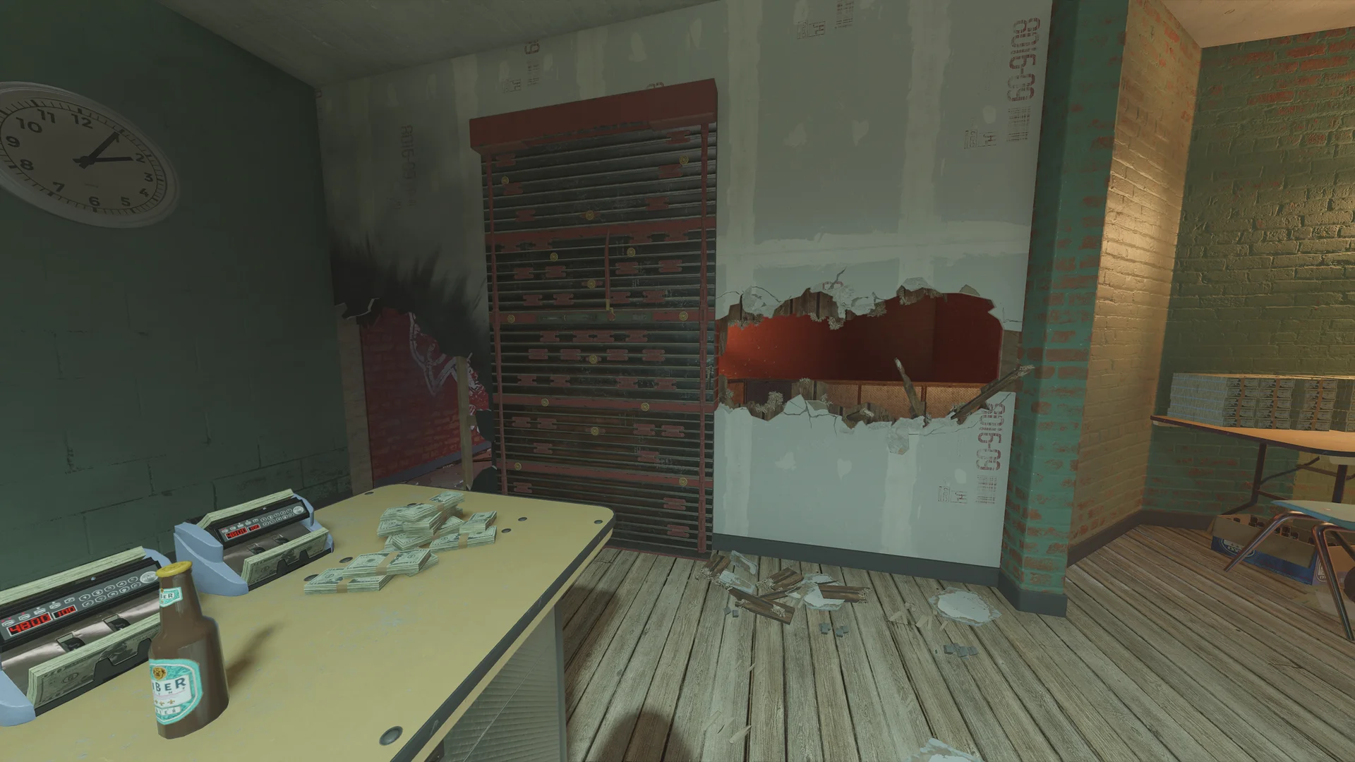 Room on Club House 2F with money counters and cash on a table, a reinforced shutter wall and a breach hole through the drywall