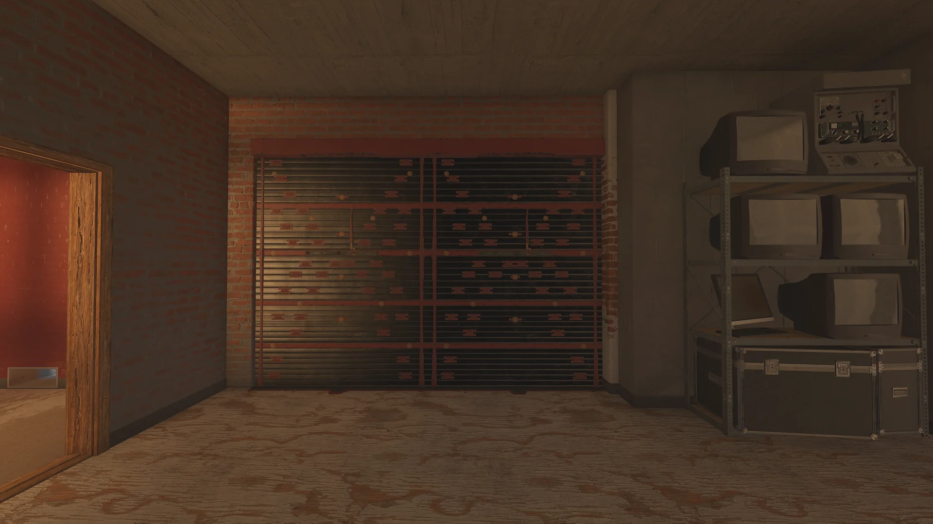 Dim room on Club House 2F with a reinforced shutter wall on brick and a shelving rack of old CRT monitors beside a road case