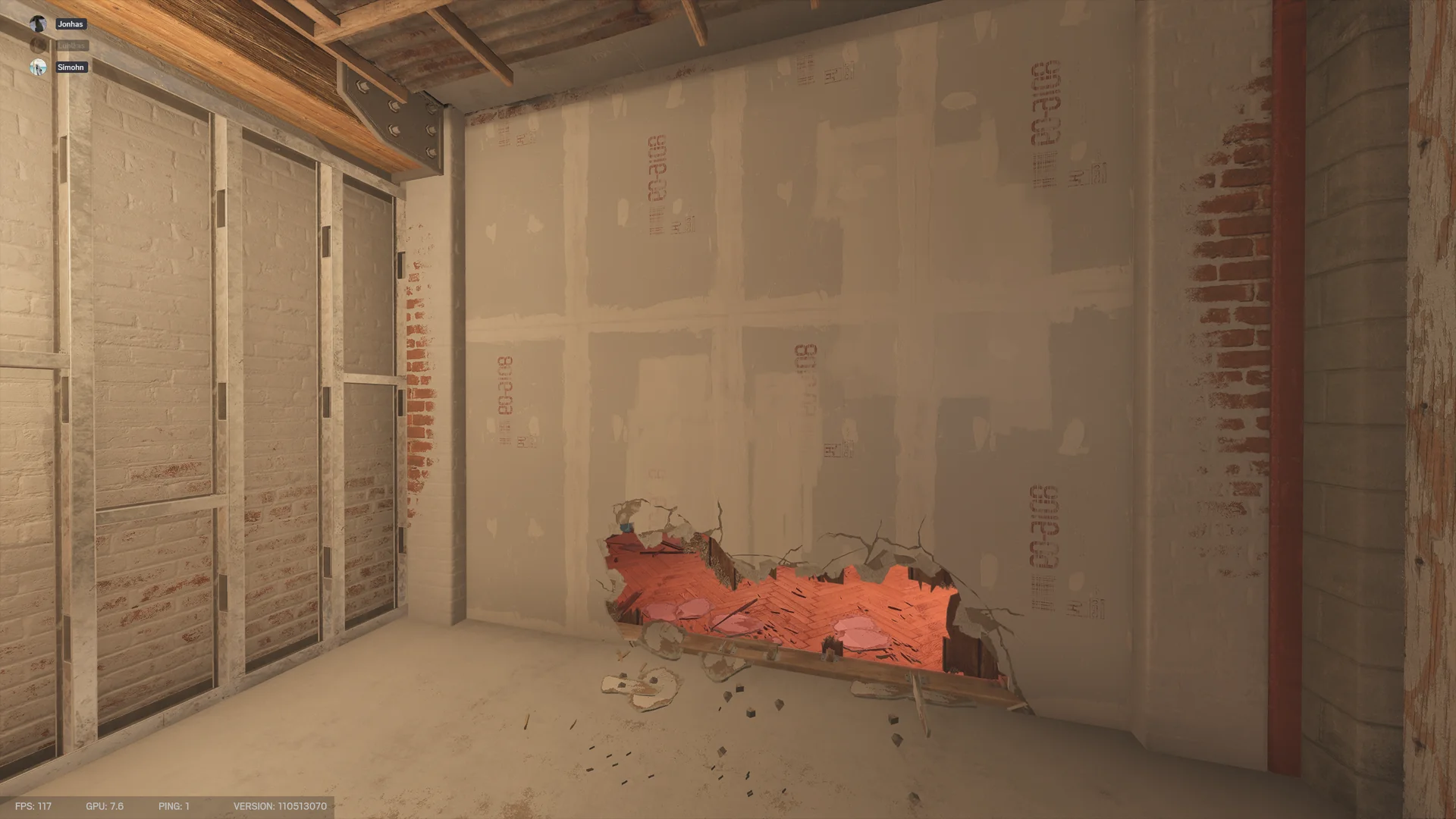 Unfinished room on Club House 2F with metal-framed drywall and a low breach hole opening to a red parquet-floored space beyond