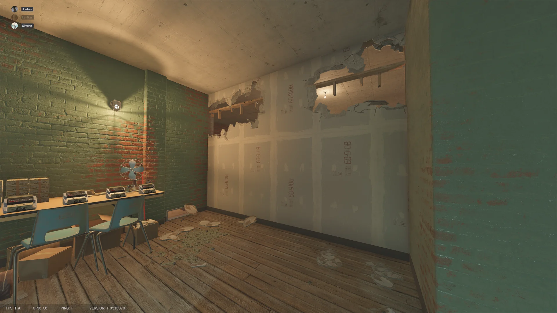 Green-brick room on Club House 2F with money counters and a fan on a table, blue chairs, and breach holes broken through the drywall