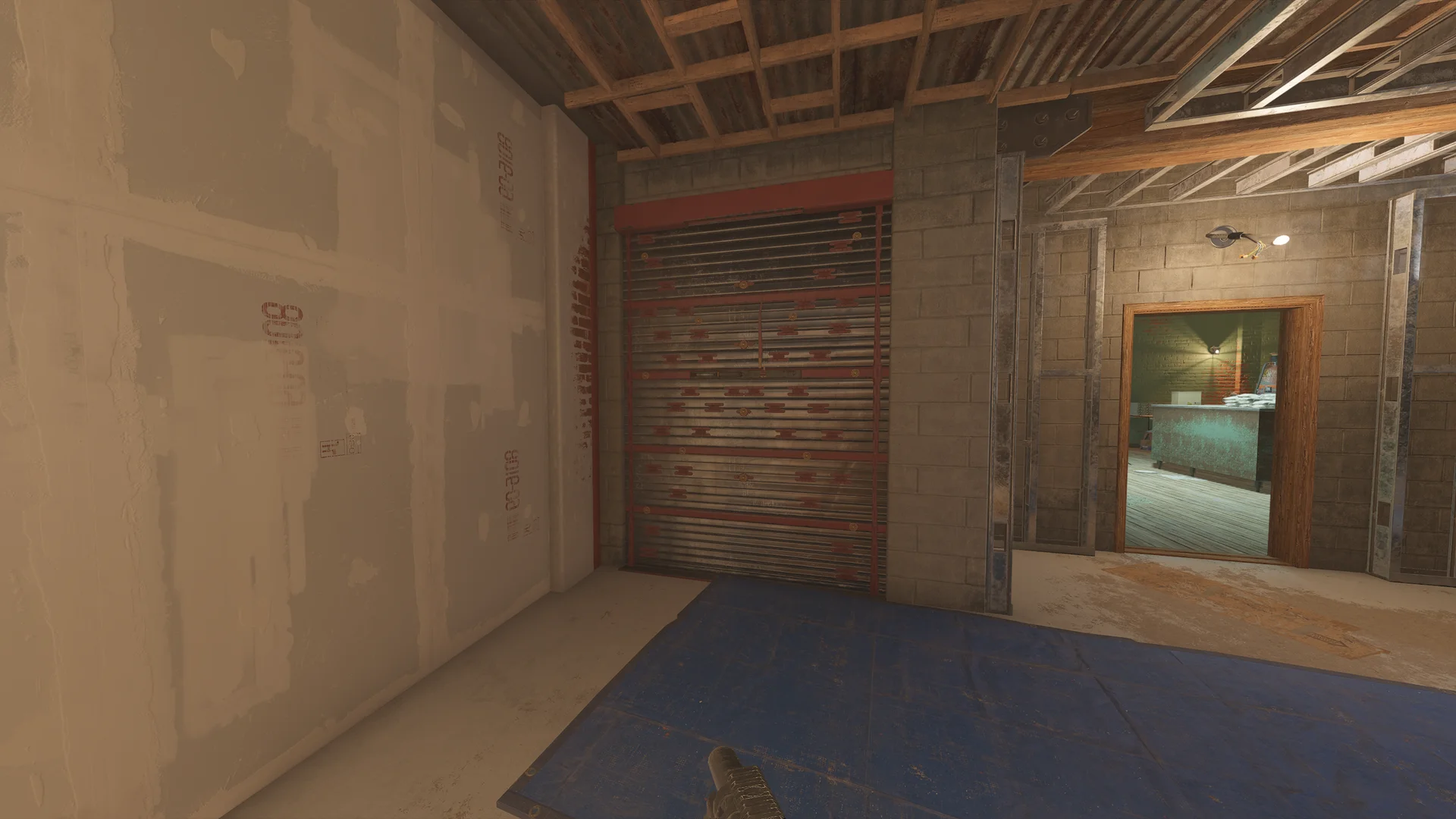 Unfinished room on Club House 2F with a reinforced shutter wall, a blue floor tarp, and an open doorway to a green room beyond