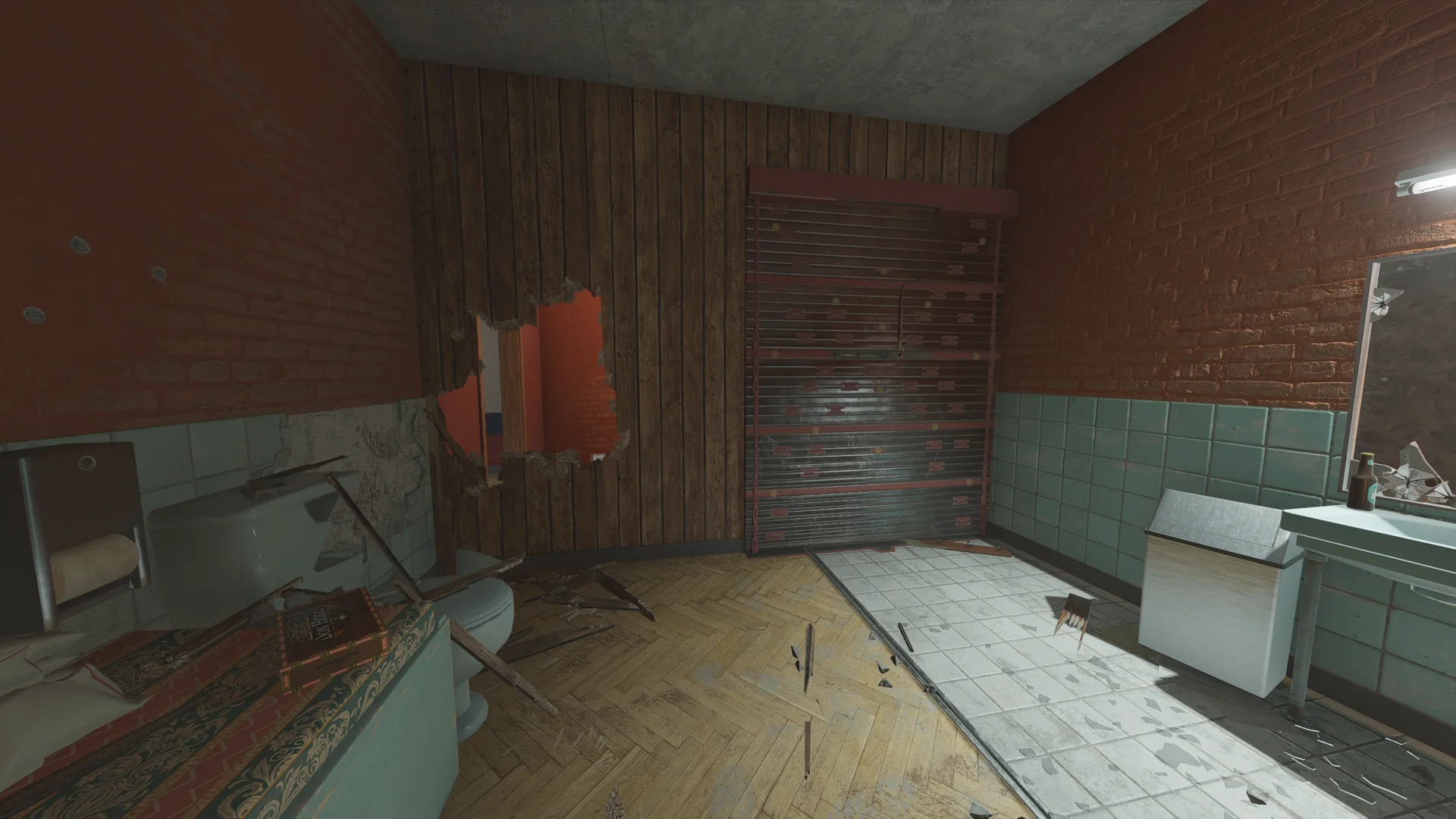 Tiled bathroom on Club House 2F with a toilet and sink, a reinforced shutter wall and a hole broken through a wood-plank wall