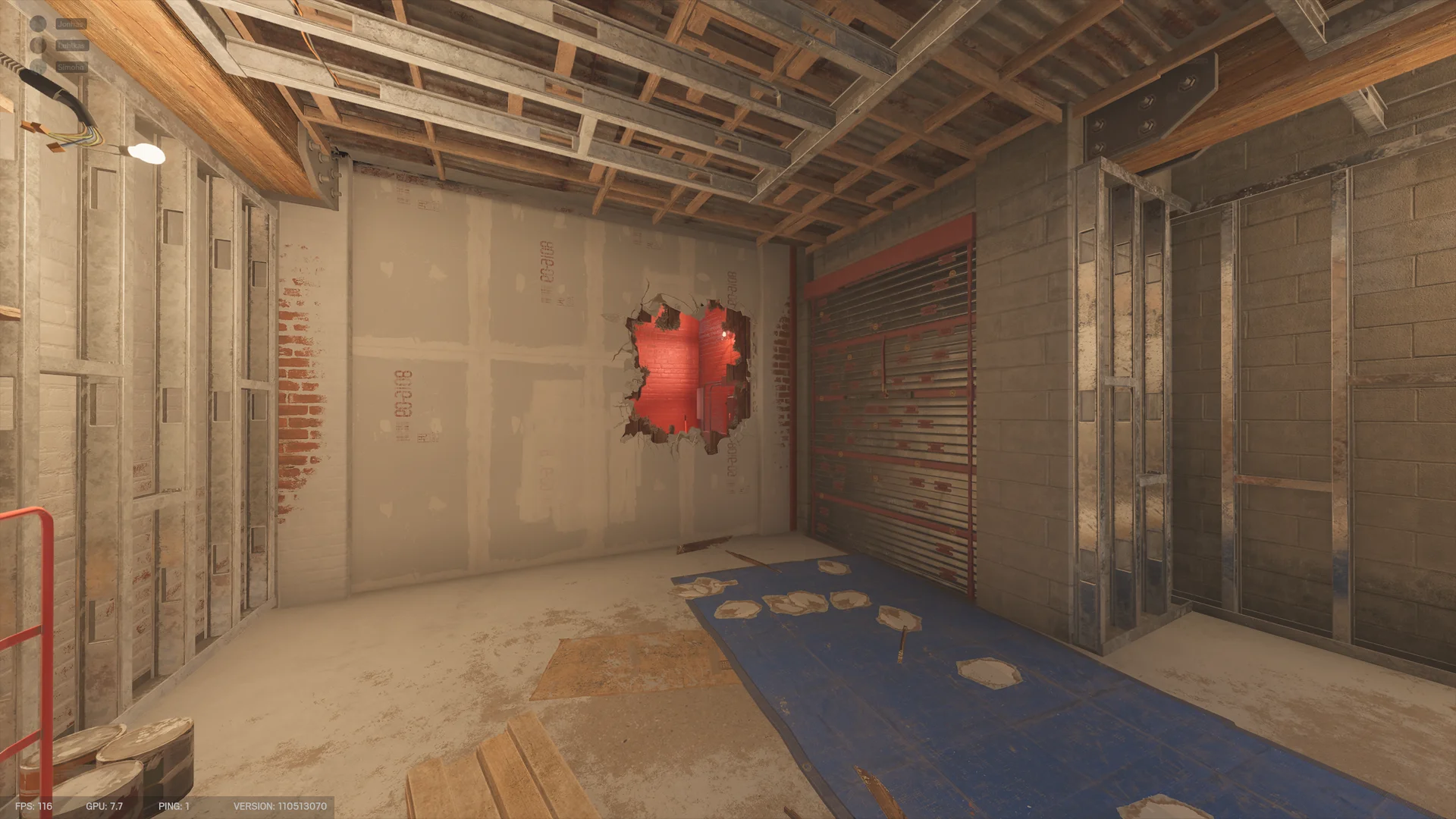 Unfinished room on Club House 2F with a breach hole through drywall, a red-framed shutter wall and a blue floor tarp under bare joists