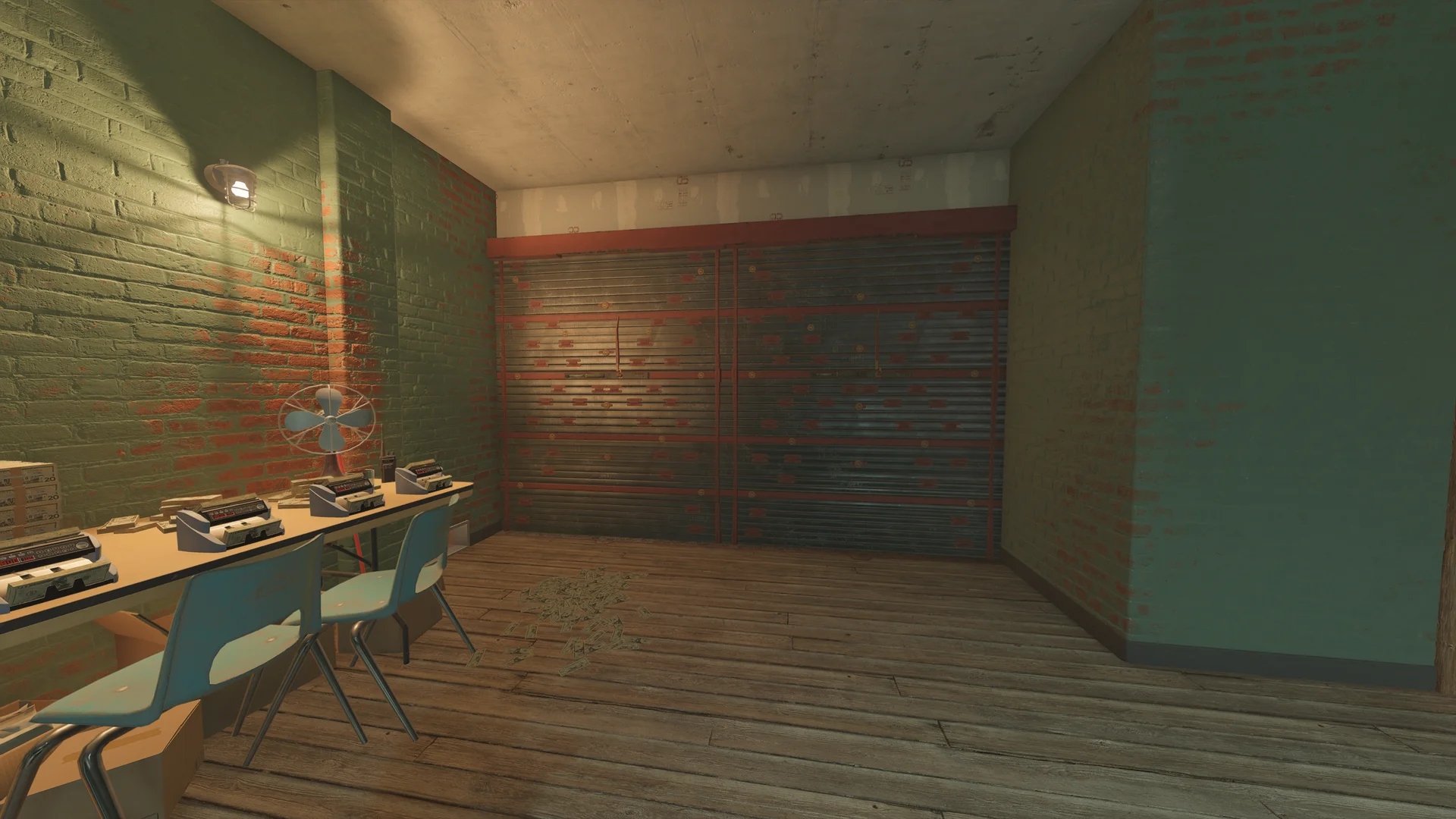 Green brick room on Club House 2F with money counters on a table, blue chairs, a reinforced shutter wall and cash on the floor