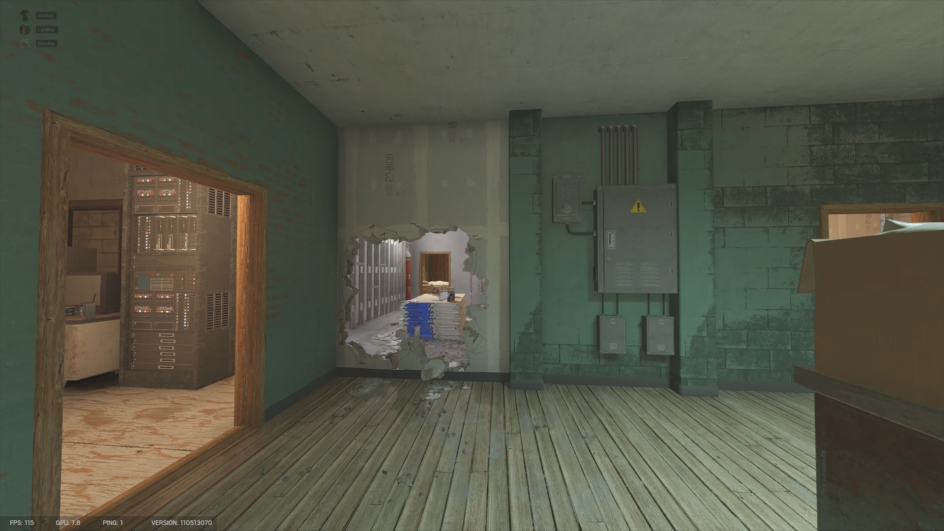 Green room on Club House 2F with a breach hole in the wall by an electrical panel, and an open doorway showing an electronics rack