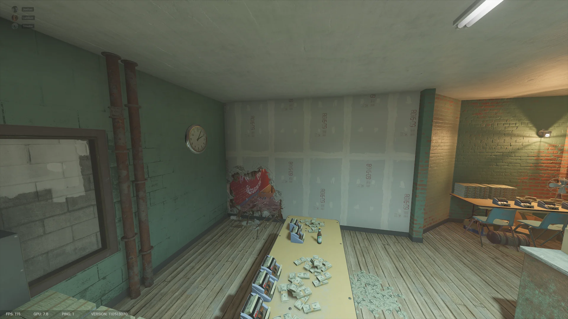 Green room on Club House 2F with cash stacked on a yellow table, a wall clock, and a breach hole through drywall to a room beyond