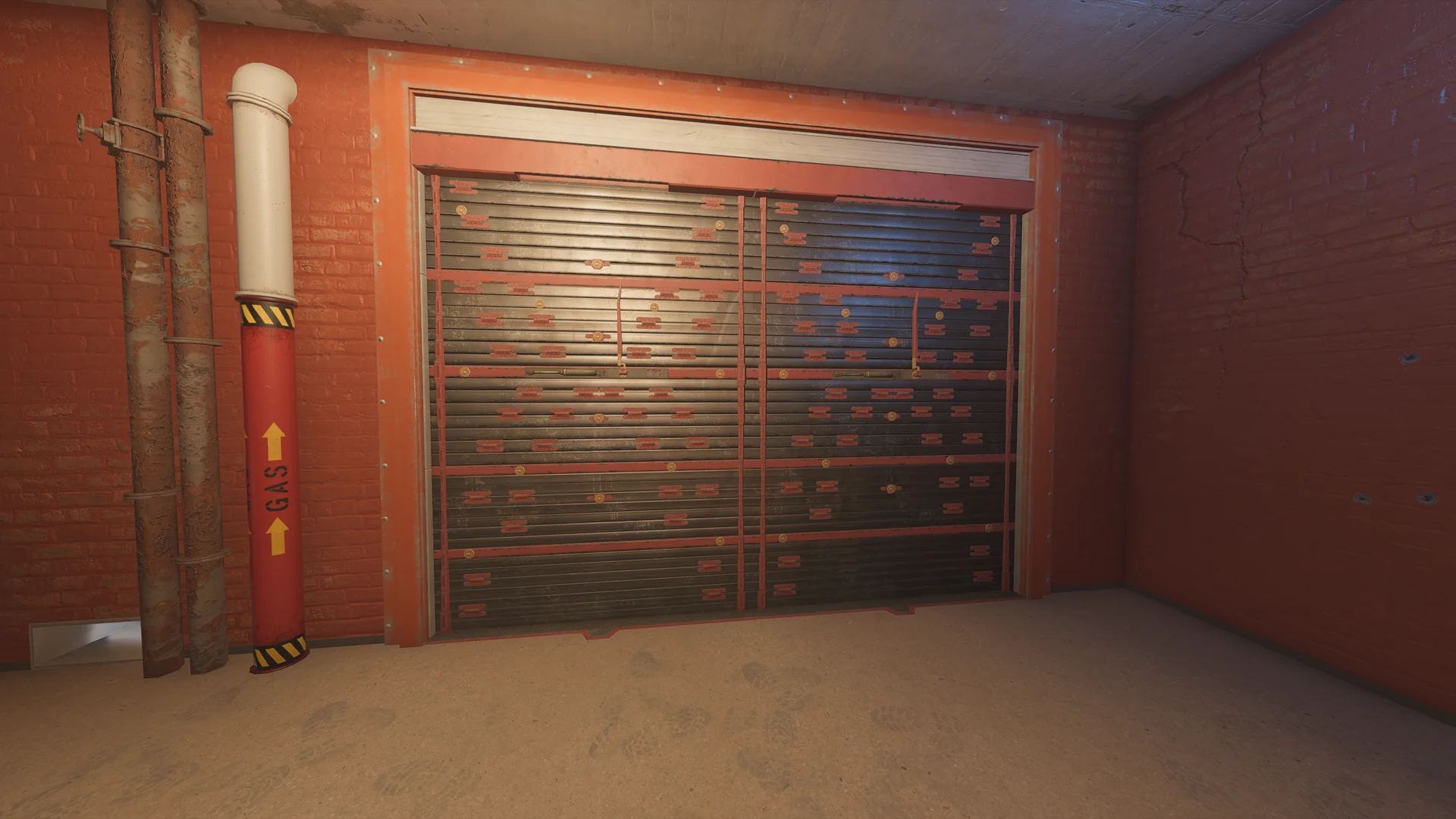Red-brick room on Club House 2F with a reinforced shutter wall and a pipe marked GAS running up the brick beside it