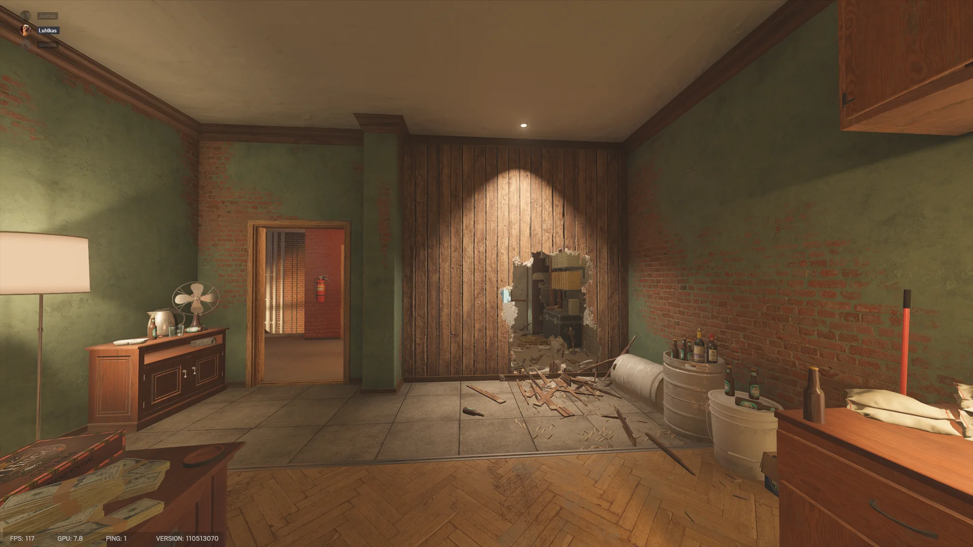 Green room on Club House 2F with a breach hole through a wood-plank wall, a sideboard with a fan, and kegs and buckets of bottles at right
