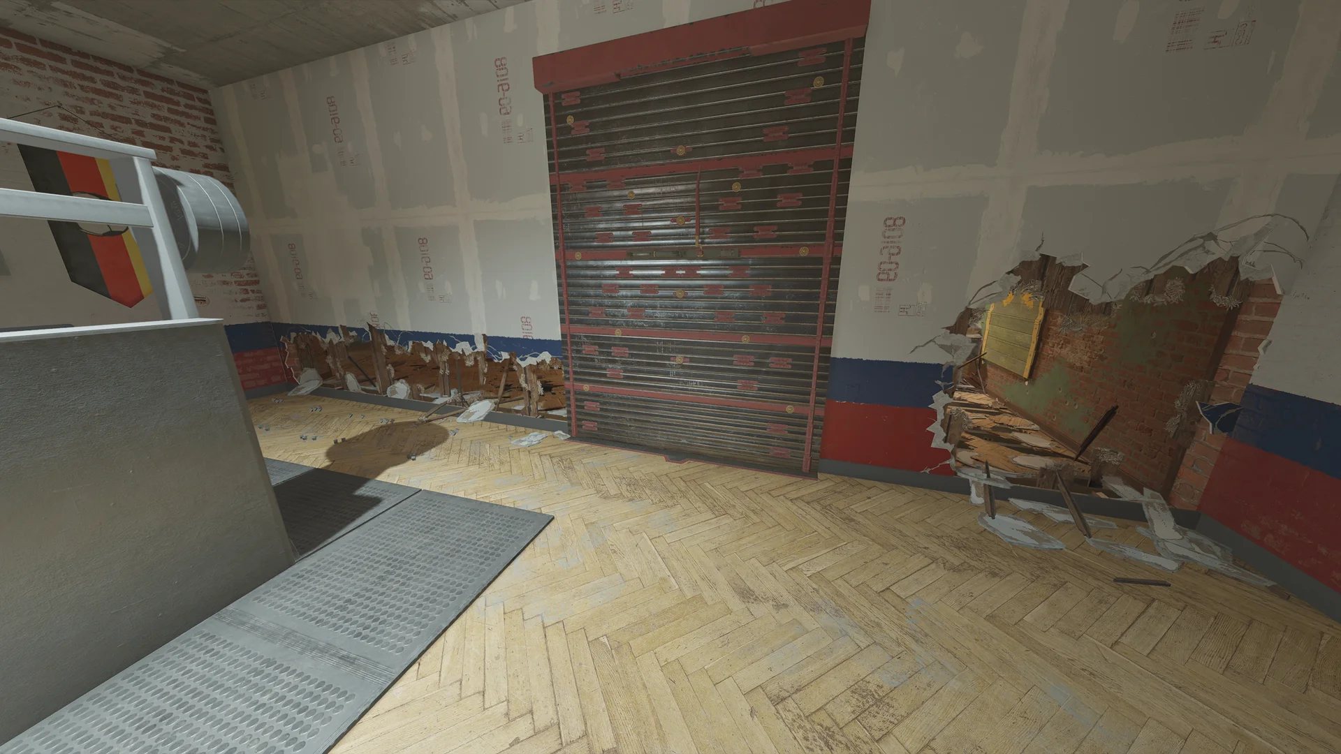 Stripped room on Club House 2F with a reinforced shutter wall, breach holes broken low through the walls, and a parquet floor