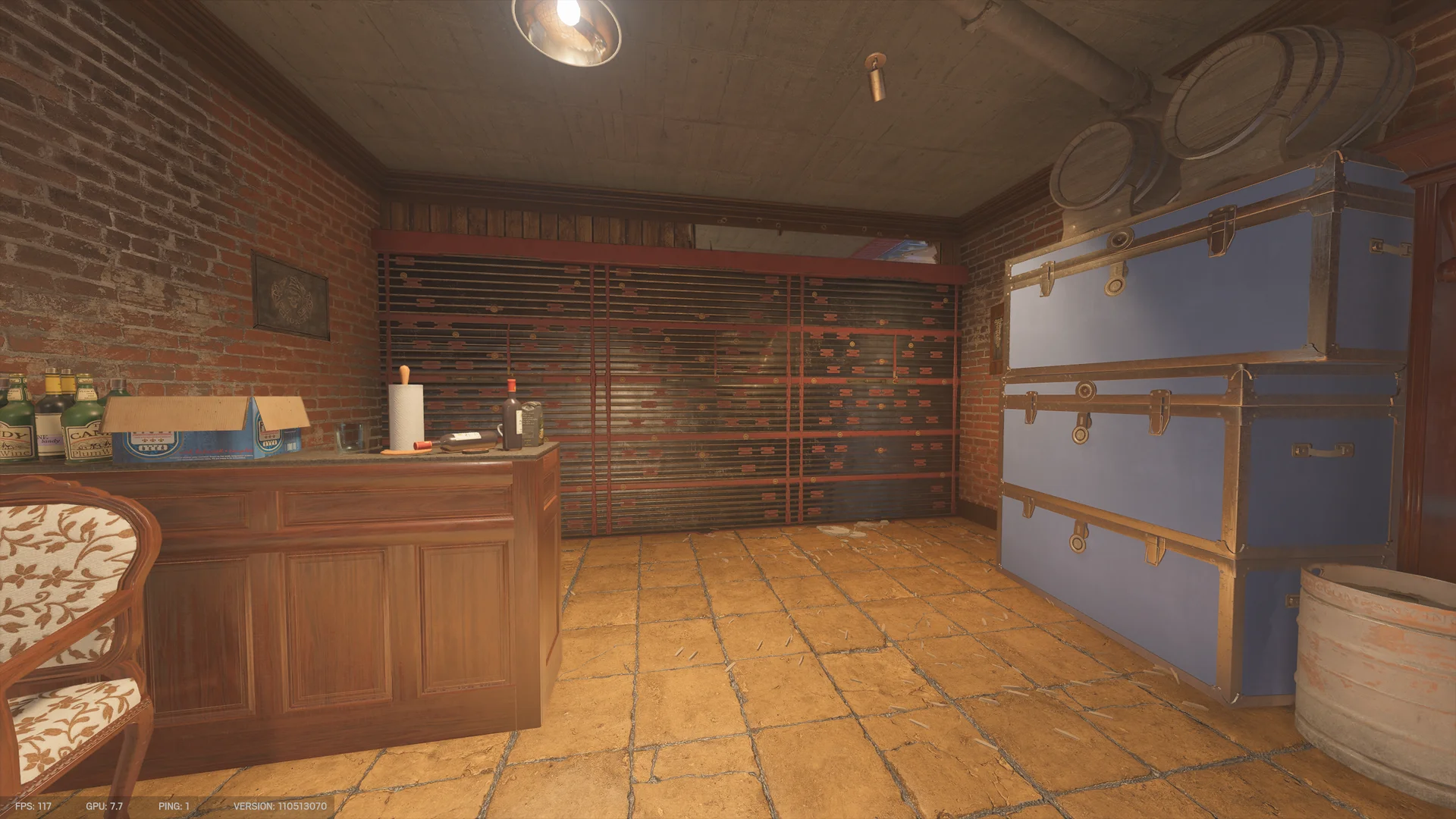 Brick cellar in the Club House basement with a wooden bar counter, a reinforced shutter wall, and stacked blue trunks and barrels