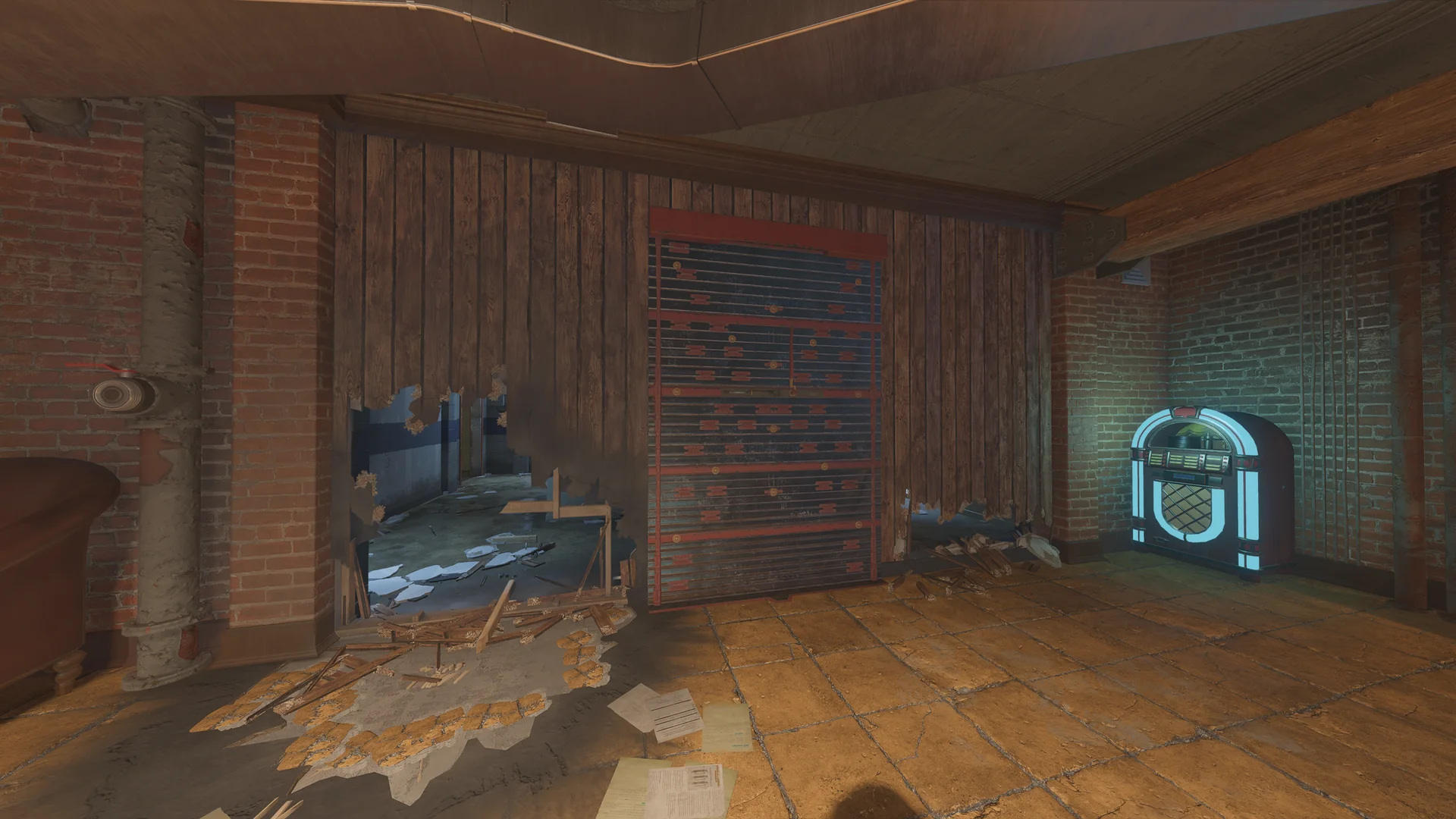 Room in the Club House basement with a reinforced shutter on a wood-plank wall, a breach hole beside it, and a lit jukebox in the corner