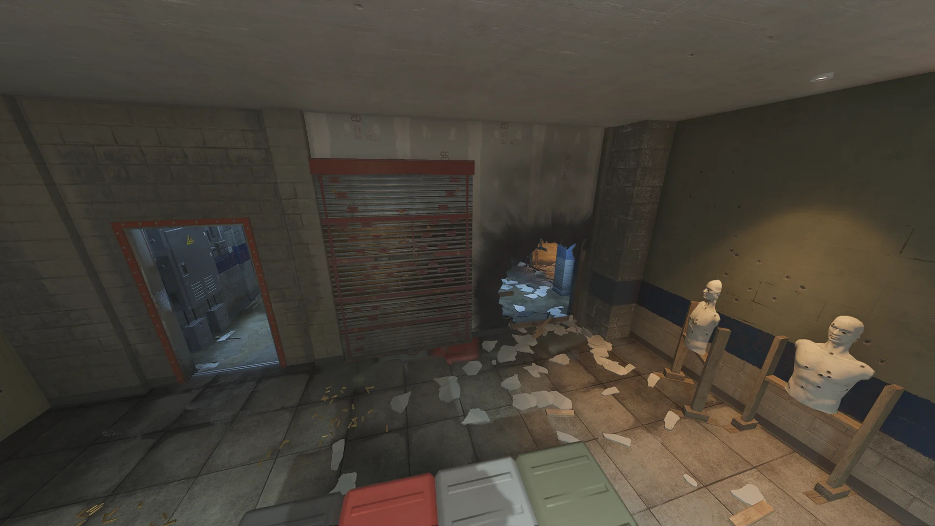 Basement room in the Club House with a reinforced shutter, a scorched breach hole, and two white torso target dummies on posts