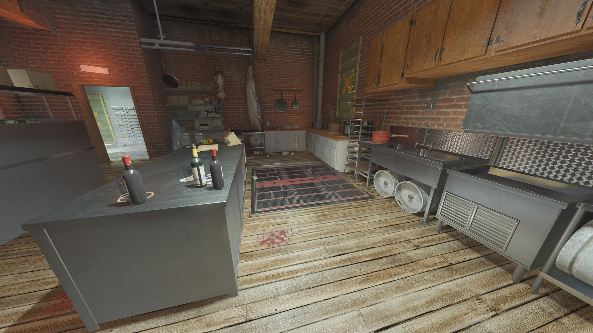 Brick kitchen in the Club House basement with a reinforced floor hatch, a stone island with wine bottles, and a stainless sink counter